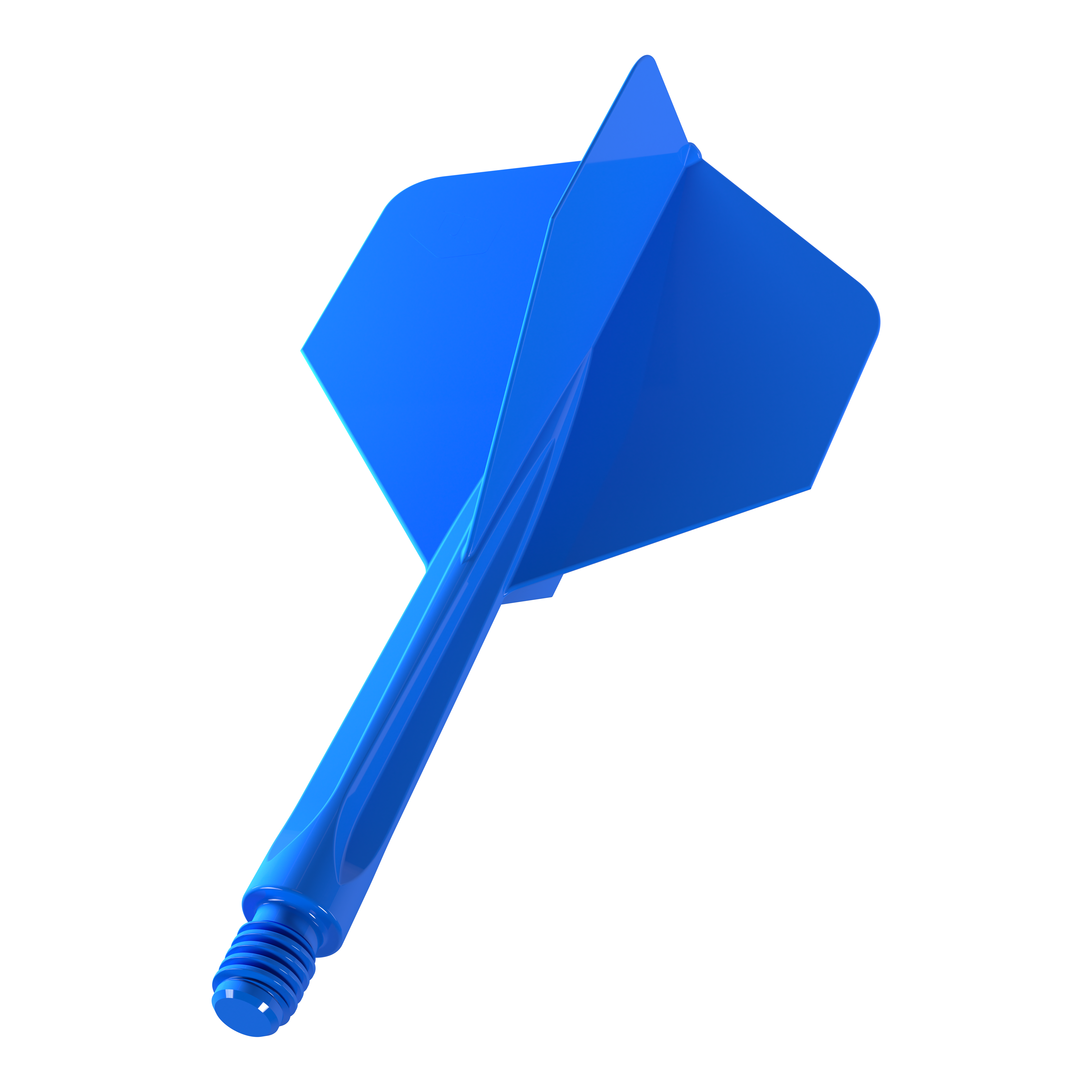 Auf dem Bild ist ein blauer Dartflügel mit integriertem Schaft zu sehen. Es handelt sich um das Produkt „Unicorn Forge All In One Plus No2 Standard Flights Blau - Medium“.