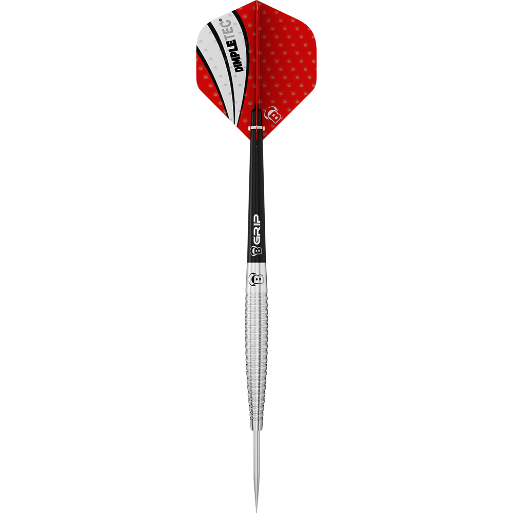 13242_Bulls_Dot_D6_Steeldarts_1XlmhtYmisFeyy Auf dem Bild ist ein Bulls Dot D6 Steeldart abgebildet. Der Dart hat eine silberne Spitze, einen schwarzen Schaft und rote Flights mit weißem und schwarzem Muster.