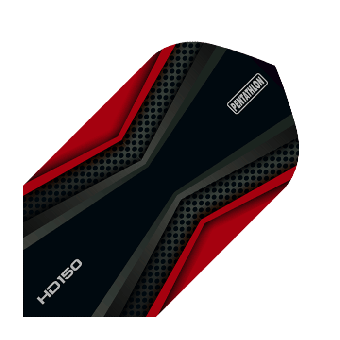 HD-42-HD150-Pentathlon-Red-Black-Flights Das Bild zeigt einen HD 150 Pentathlon Flights Black/Red Slim Dartflug. Das Design ist schwarz mit roten und grauen Akzenten sowie dem Pentathlon-Logo.