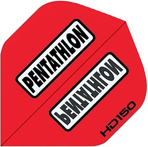 hd3516d34eb3c011 Das Bild zeigt einen roten Dartflight mit der Aufschrift "PENTATHLON" in schwarzer und weißer Schrift. In der unteren Ecke steht "HD150".