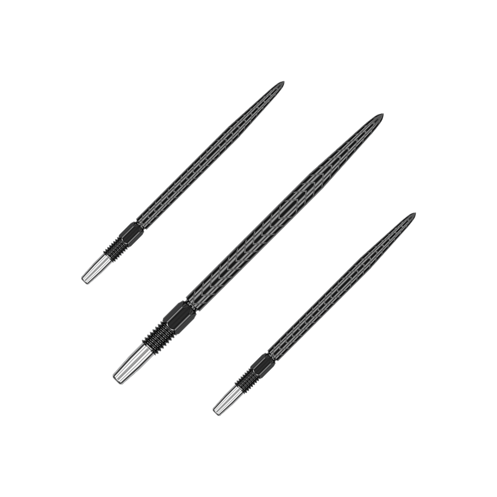 Target Swiss Point RVE dart tips - Black Das Bild zeigt drei schwarze Dartspitzen, die nebeneinander liegen. Sie sind schlank und haben ein strukturiertes Muster entlang der Spitze.