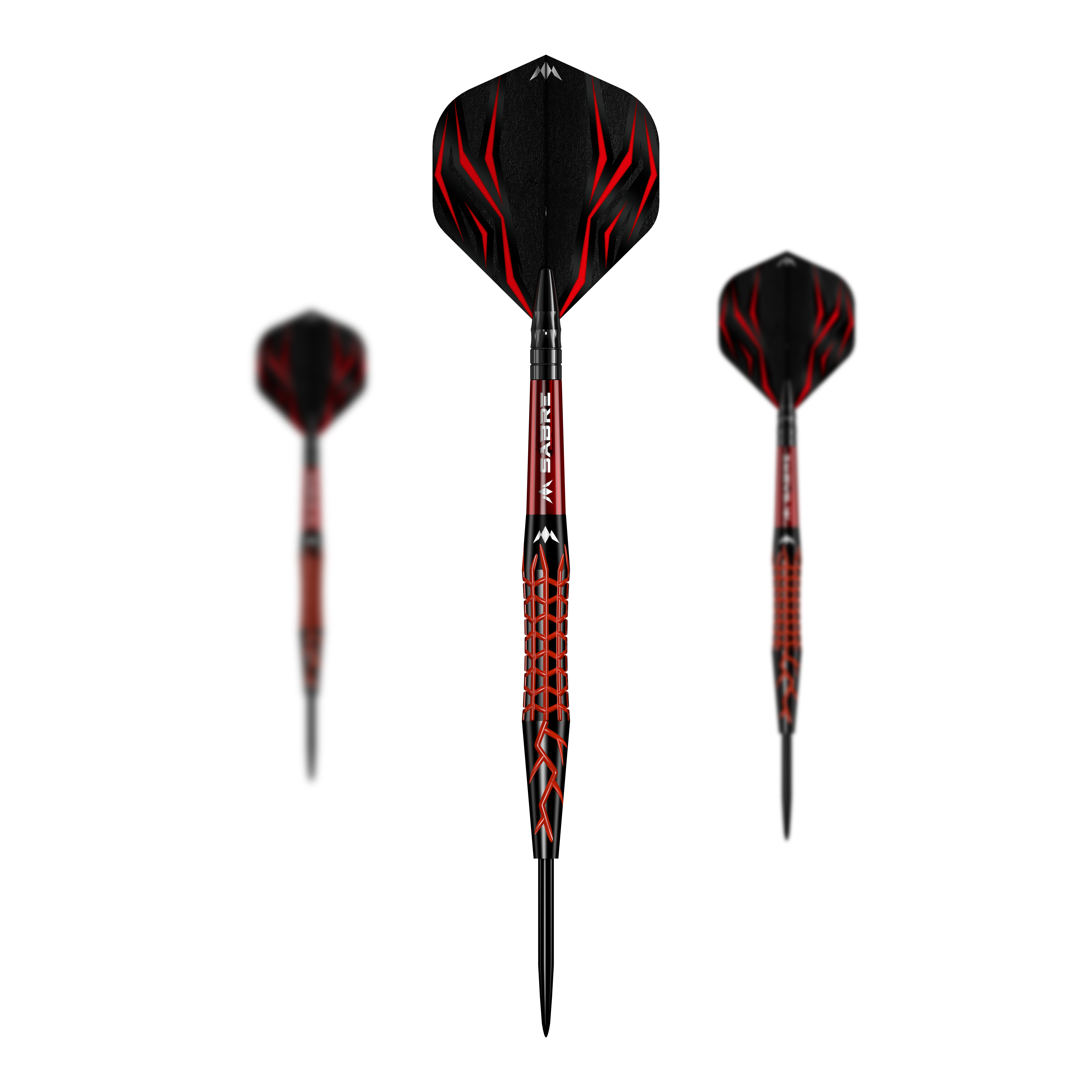 Mission Lava Steeldarts Das Bild zeigt die Mission Lava Steeldarts mit einem auffälligen roten und schwarzen Design. In der Mitte ist ein Dartpfeil von vorne zu sehen, während links und rechts seitliche Ansichten dargestellt sind.