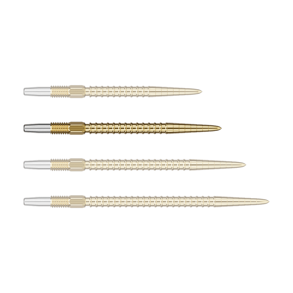 Target Swiss Point Chrono Dart Tips - Gold Auf dem Bild sind vier goldene Dartspitzen mit silbernem Anschluss zu sehen. Sie sind gleichmäßig nebeneinander angeordnet.