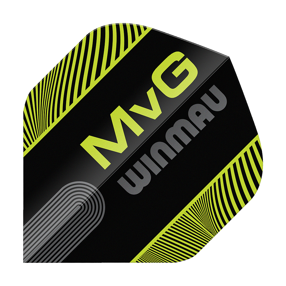 Zu sehen ist das Produkt Winmau Prism Delta MvG Black Green Text No2 Standard Flights. Die Flights sind für Darts, in den Farben Schwarz und Grün mit Text.