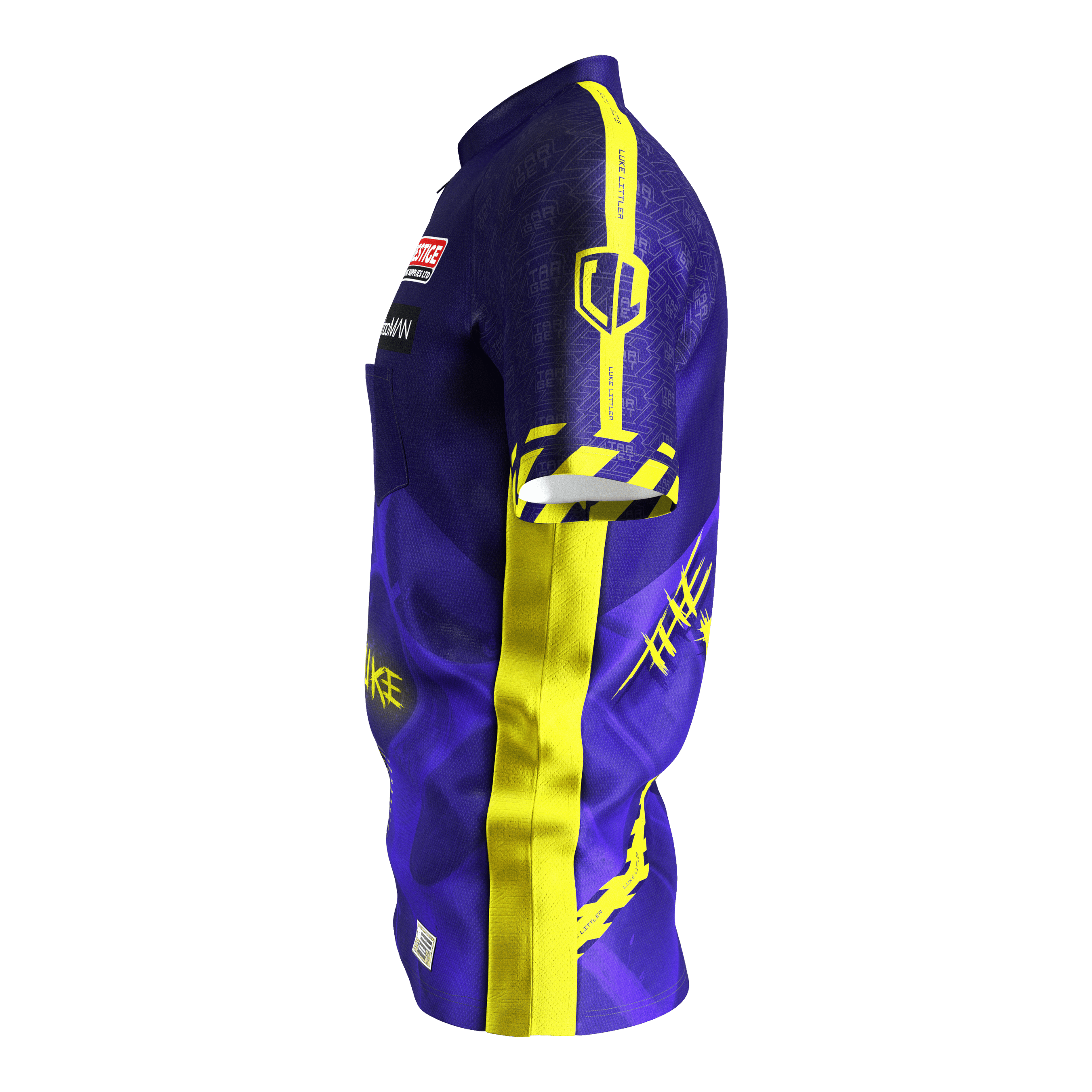 Target Coolplay Luke Littler 2025 dart shirt Das Bild zeigt ein Dartshirt in lila und gelb mit auffälligem Design. Auf dem Ärmel steht "LUKE LITTLER" und es sind verschiedene grafische Elemente abgebildet.