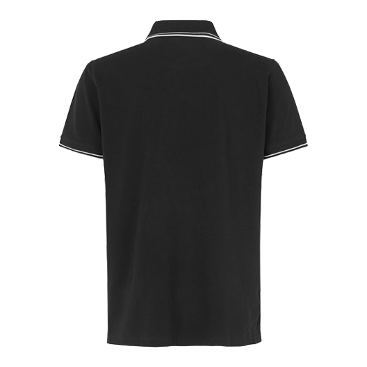 Barrels and Shafts Polo Shirt - Black Das Bild zeigt ein schwarzes Poloshirt mit kurzen Ärmeln. Am Kragen und an den Ärmeln sind weiße Zierstreifen sichtbar.
