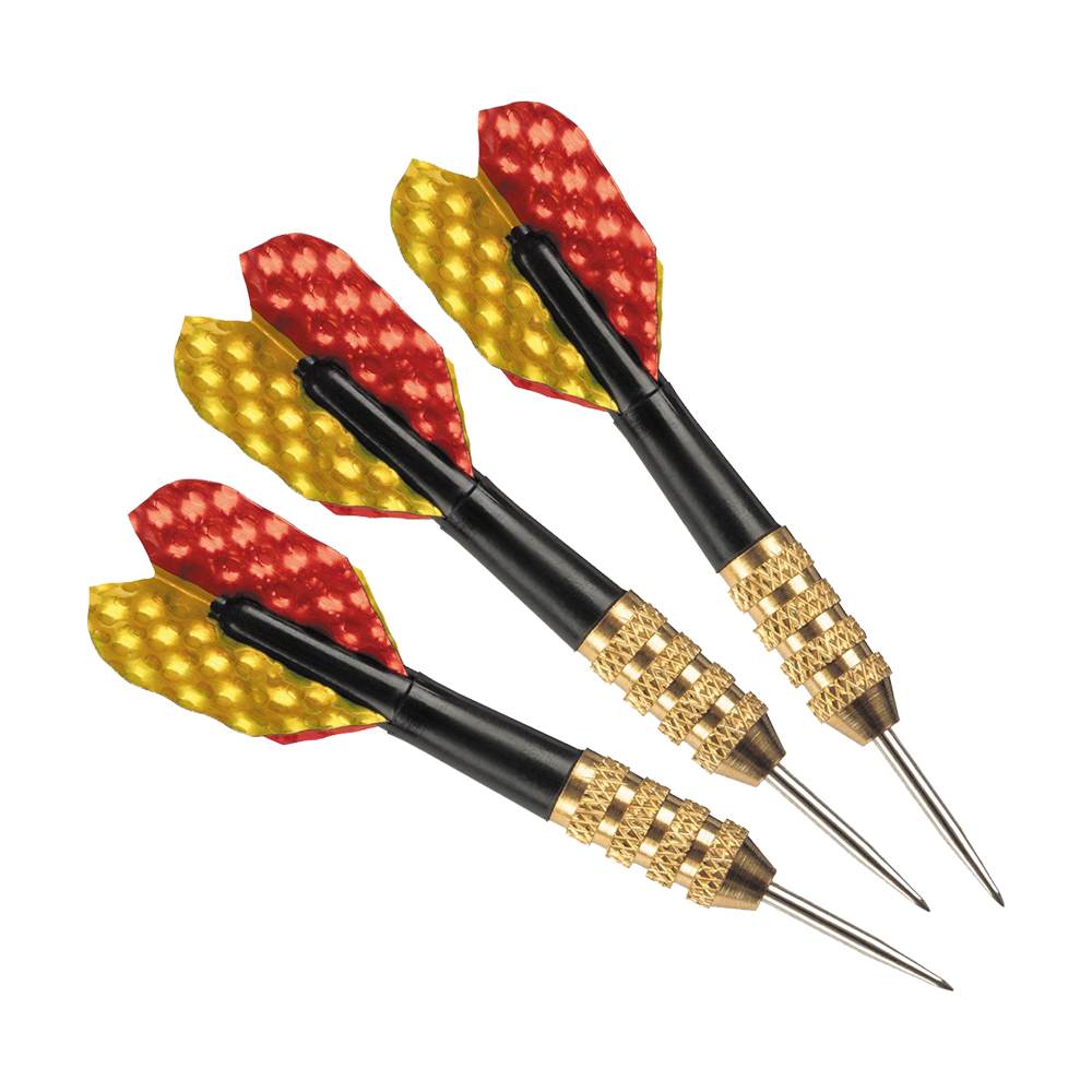 HA01224_Harrows_Mini_Steeldarts_1 Das Bild zeigt drei Harrows Mini Steeldarts mit goldfarbenen Griffen. Ihre Flights sind rot und gelb gemustert.