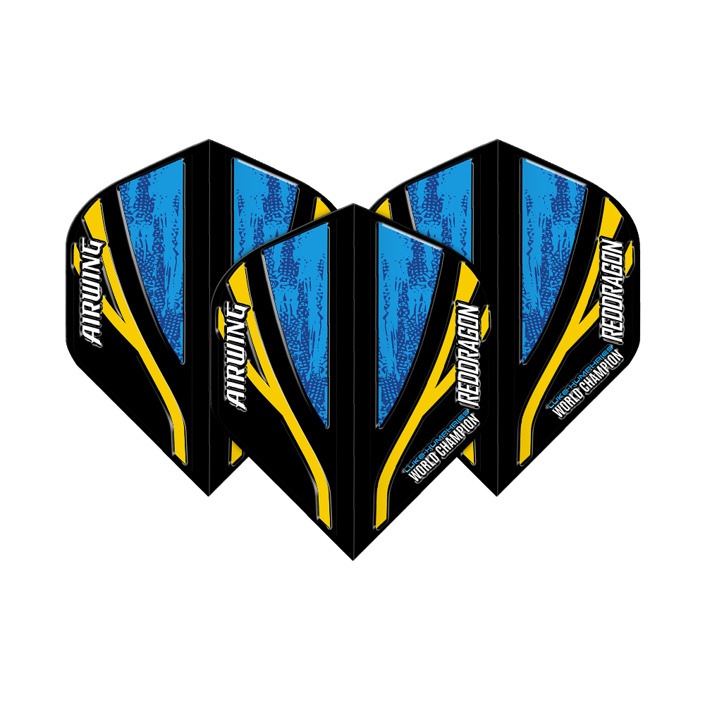 Das Bild zeigt drei Dartflights mit dem Namen "Red Dragon Airwing Luke Humphries World Champion Black Blue Standard Flights". Die Flights sind überwiegend blau und schwarz mit gelben Akzenten und weißer Schrift.