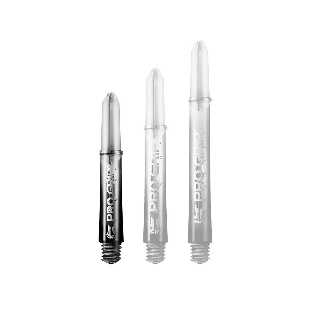 Target Pro Grip Vision Shafts - 3 Sets - Black Auf dem Bild sind drei schwarze Dartschäfte in unterschiedlicher Länge zu sehen. Auf jedem Schaft steht der Schriftzug „PRO GRIP“.