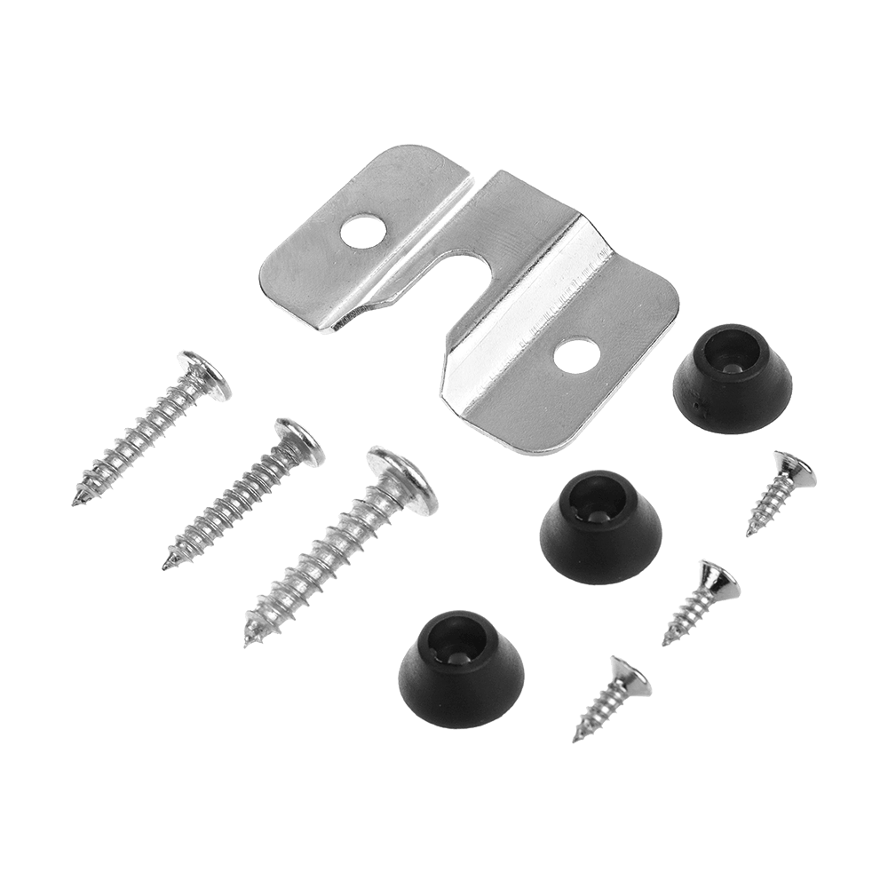 MCD19_QD8200630_McDart_Steeldartboard_Wandhalterung_1 Das Bild zeigt das XQMax Steeldartboard Wandhalterungs-Set. Es besteht aus einer Metallhalterung, Schrauben und schwarzen Gummipuffern.