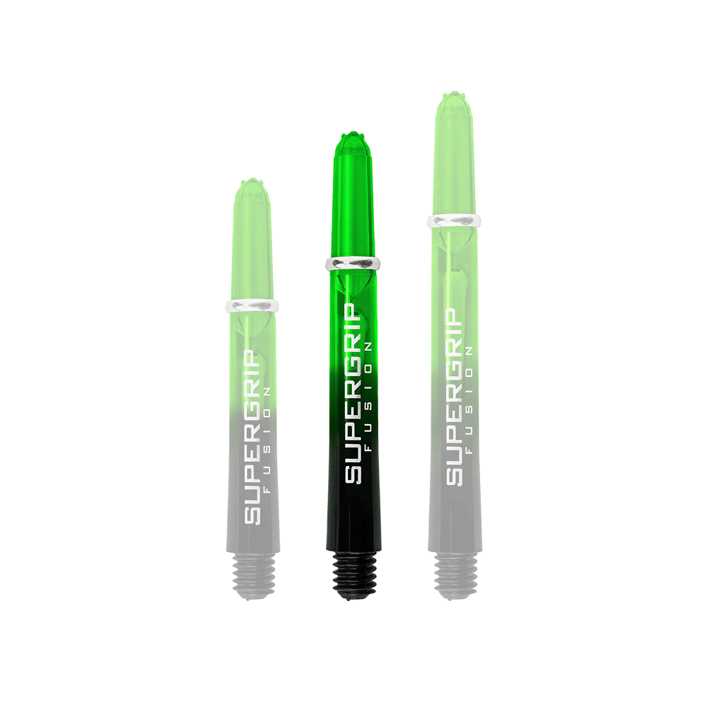 HR340_Harrows_Supergrip_Fusion_Shafts_Gr-n_40mm_1n51RZL1WLzsbA Das Bild zeigt drei grüne Harrows Supergrip Fusion Shafts in unterschiedlichen Längen. Die Schrift "SUPERGRIP FUSION" ist deutlich auf jedem Shaft zu sehen.