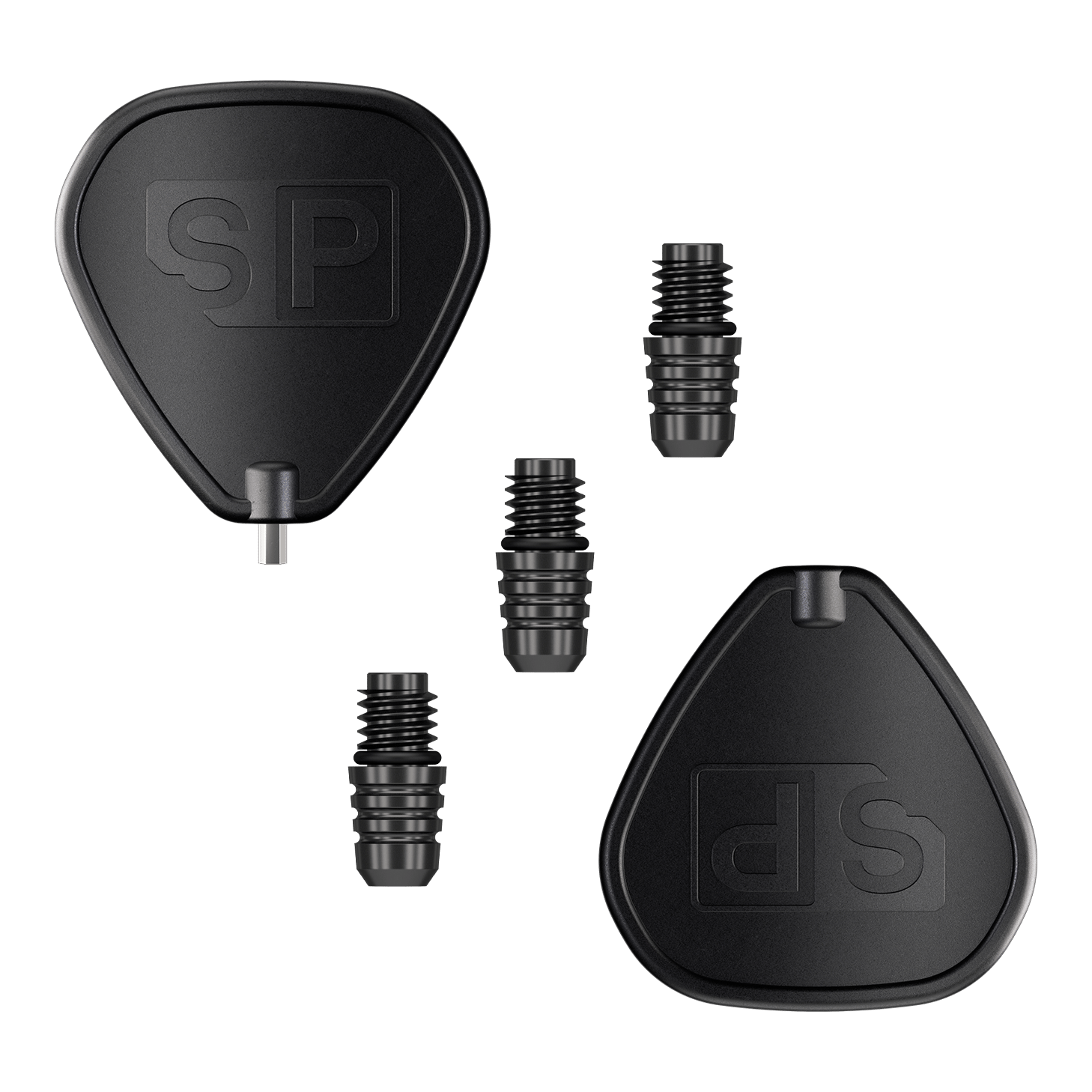 Target Swiss Point 2BA Converter - Black Das Bild zeigt den Target Swiss Point 2BA Converter in Schwarz. Es sind zwei schwarze Adapter und drei kleine Verbindungsteile abgebildet.