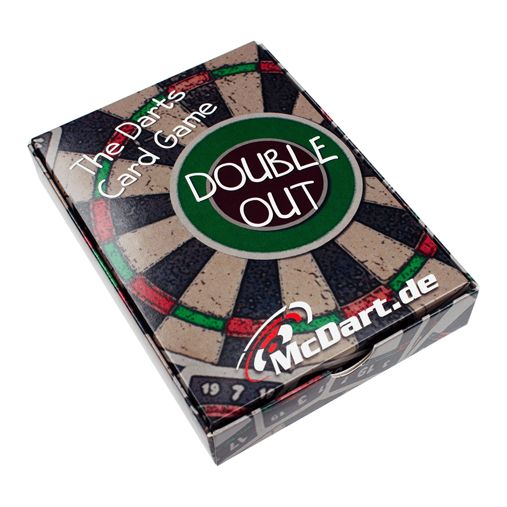 5172_McDart_Double_Out_Darts_Card_Game_1 Auf dem Bild ist das Kartenspiel "Double Out" von McDart abgebildet. Die Verpackung zeigt ein Dartboard-Design mit dem Schriftzug "The Darts Card Game".