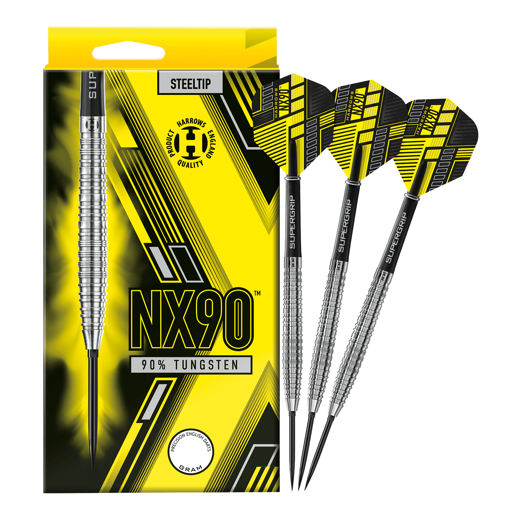 Harrows NX90 Tapered Quick Point Steel Darts Das Bild zeigt die Harrows NX90 Tapered Quick Point Steeldarts in voller Ansicht. Die Steeldarts sind für Präzision und Qualität bekannt.