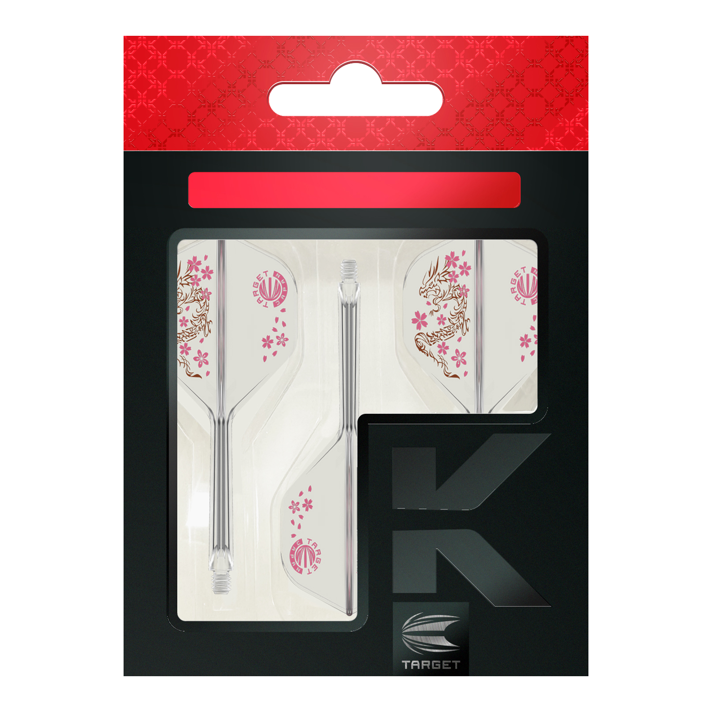 Target Japan K-Flex Smash No2 Standard Flight-Shaft-System Das Bild zeigt das Produkt "Target Japan K-Flex Smash No2 Standard Flight-Shaft-System" in der Originalverpackung. Die Flights sind mit einem Drachen- und Kirschblütenmuster verziert.