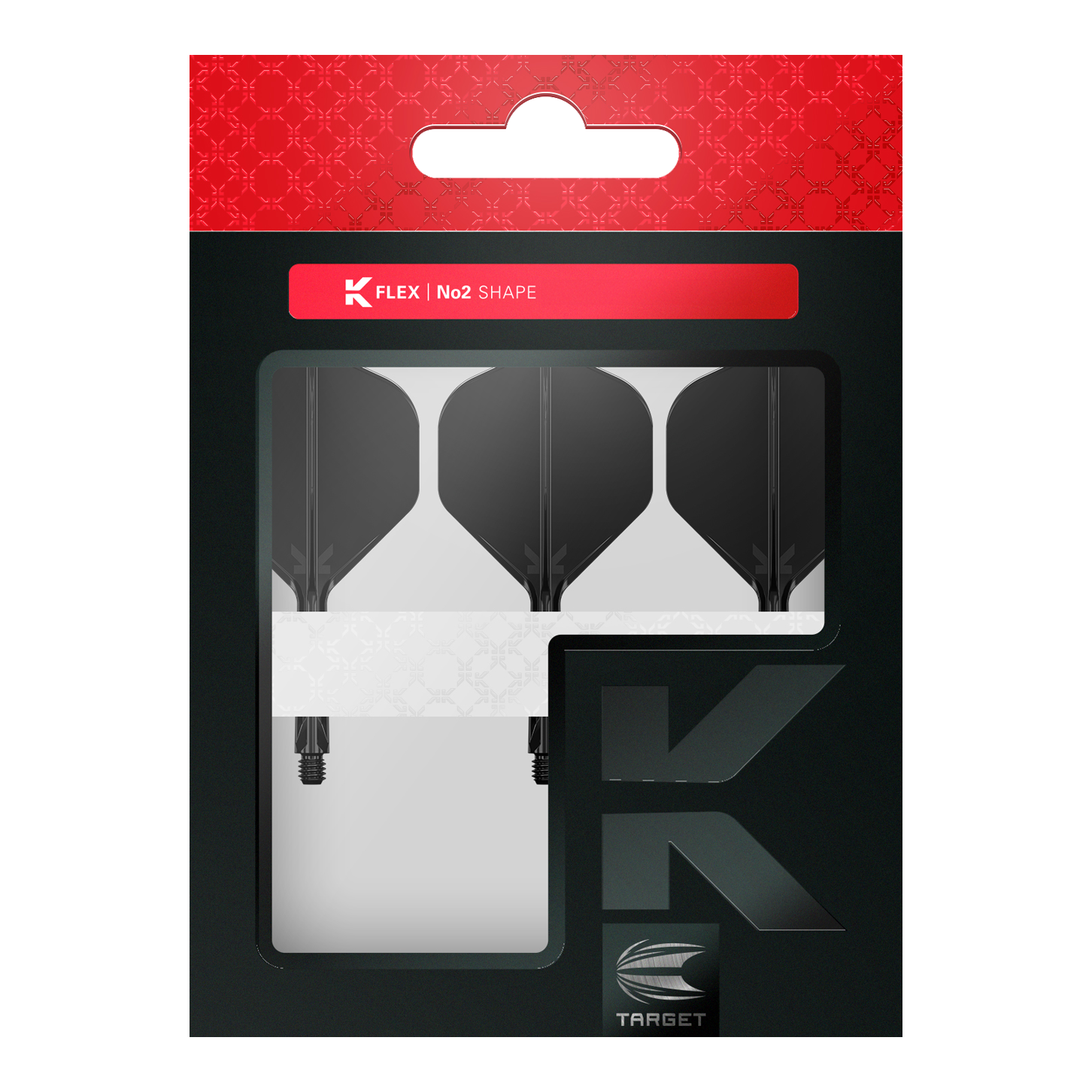 Target K-Flex No2 Standard Flight System - Black Die Abbildung zeigt eine Verpackung mit drei schwarzen Dartflights der Marke Target in No2-Form. Die Verpackung ist hauptsächlich schwarz mit einem roten oberen Bereich und einem Sichtfenster, das die Flights präsentiert.