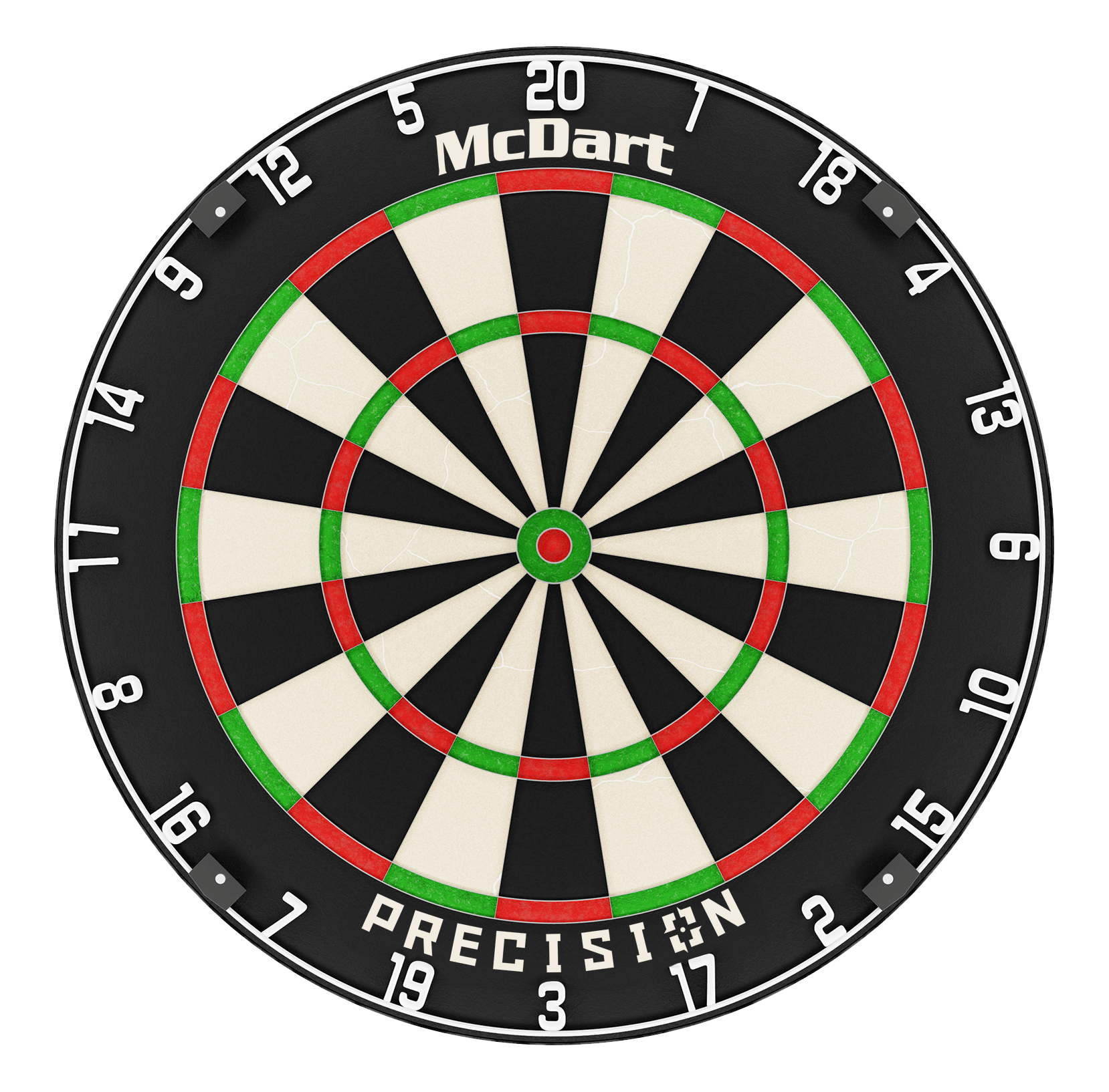 McDart Precision steel dartboard Das Bild zeigt eine McDart Precision Steeldartboard. Die Scheibe ist schwarz, weiß, rot und grün gefärbt und hat gut sichtbare Zahlen am Rand.
