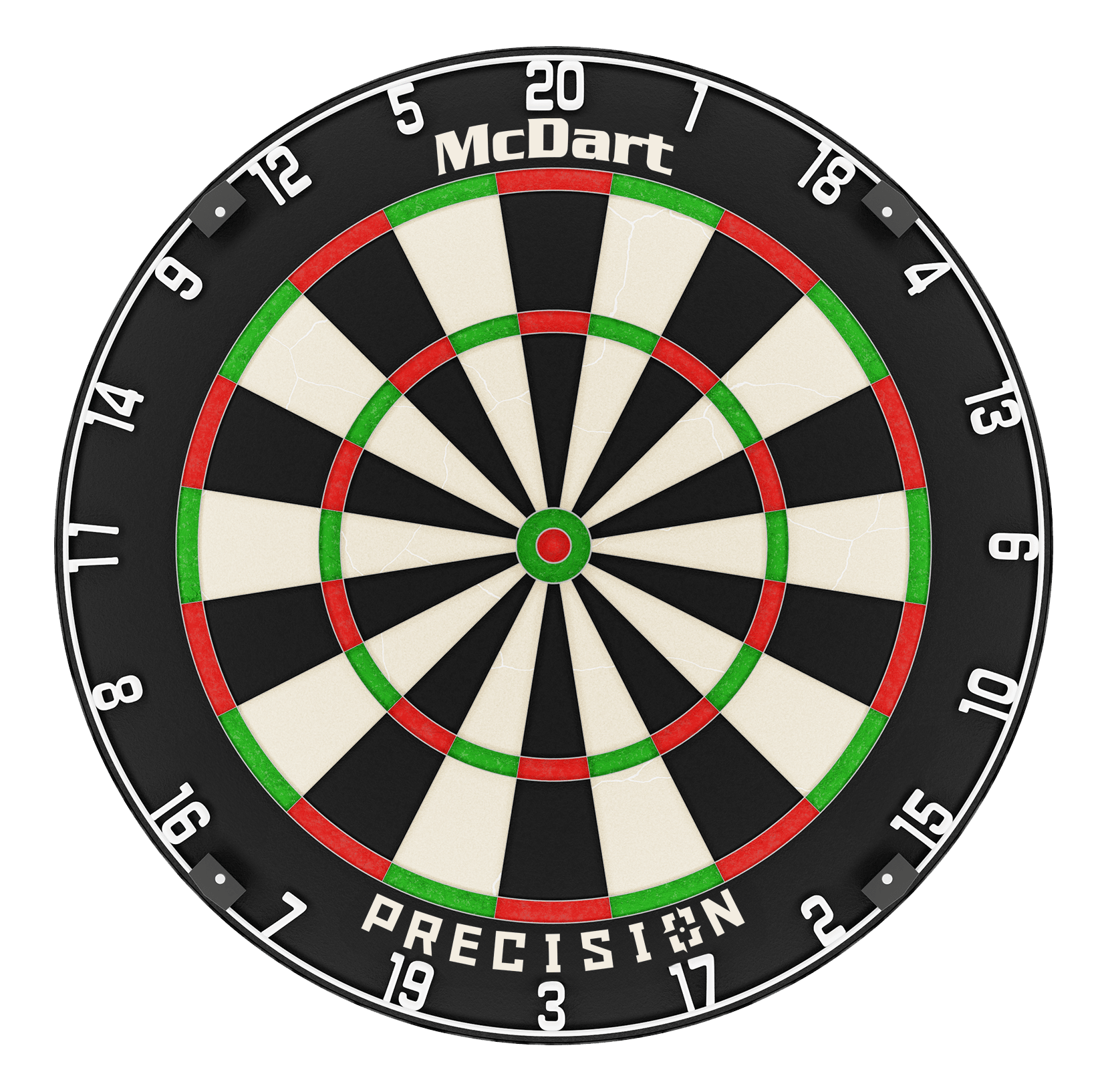 McDart Precision steel dartboard McDart Precision Steeldartboard ist auf dem Bild zentral dargestellt. Die Dartsegmente sind schwarz und weiß.