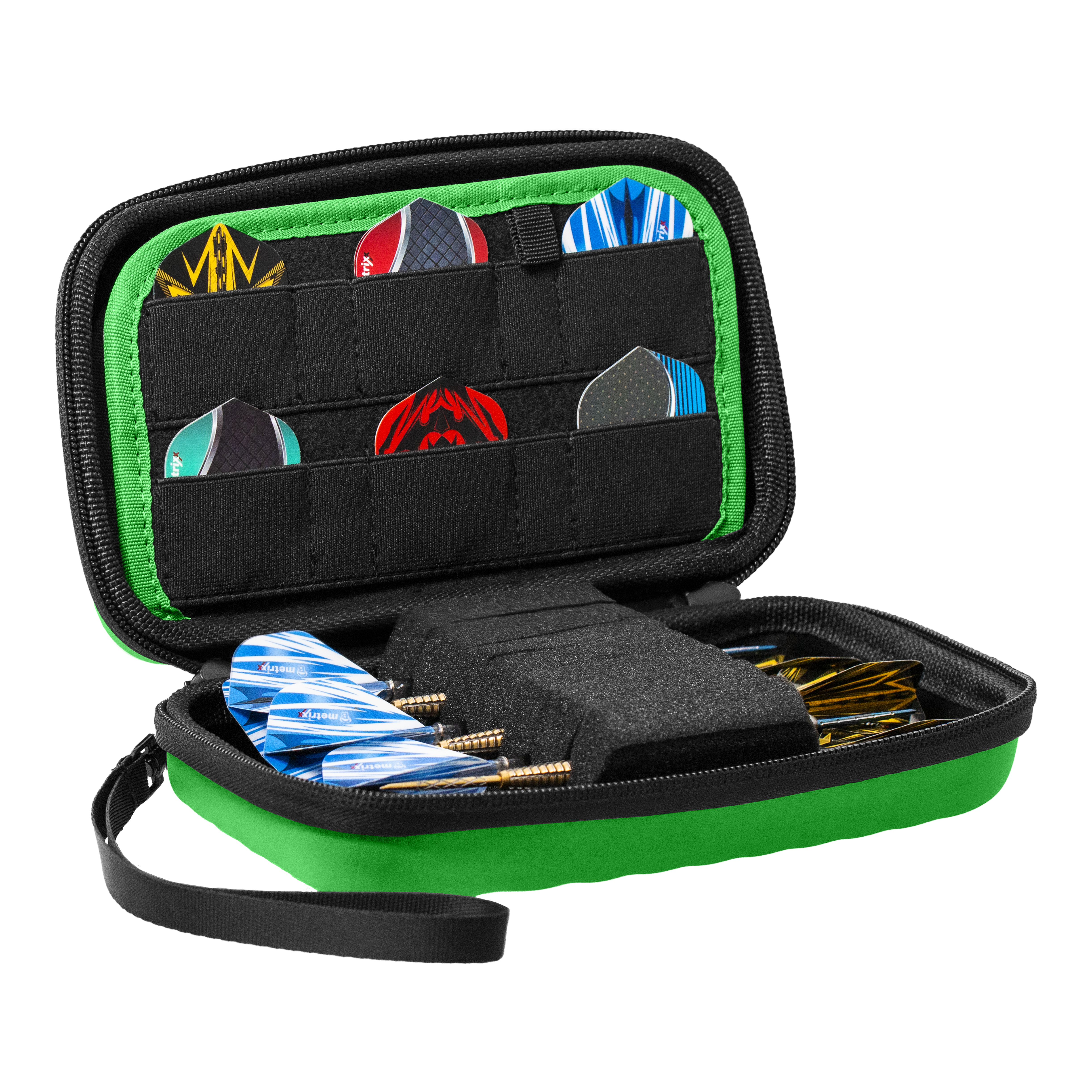 Das Bulls Orbis XL Dartcase in Grün ist auf dem Bild zu sehen. Es bietet ausreichend Stauraum für verschiedene Dartteile.