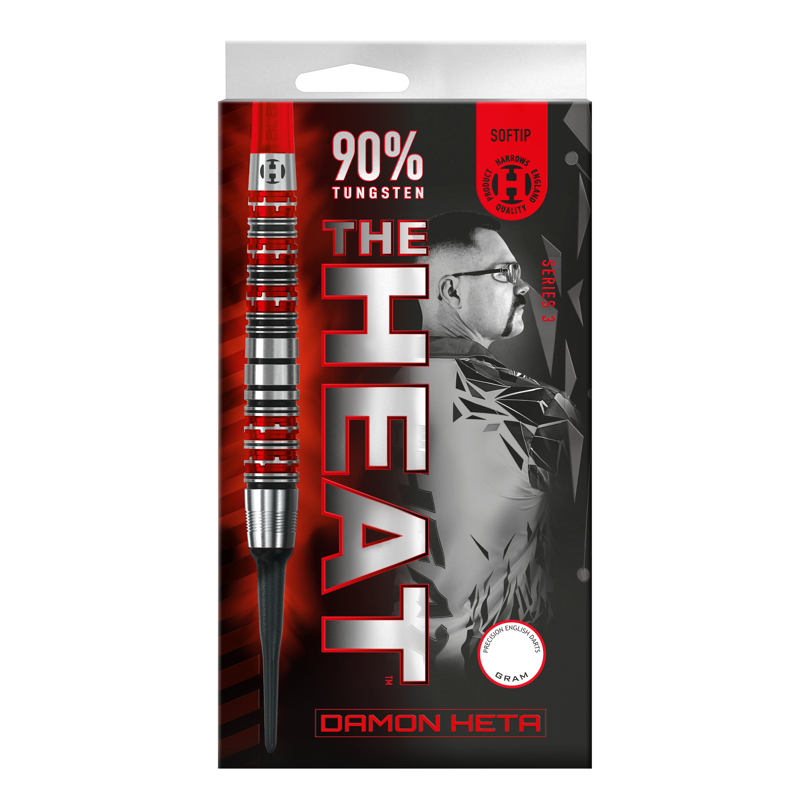Harrow's Damon Heta Series 3 soft darts Die Abbildung zeigt die Verpackung der "Harrows Damon Heta Series 3 Softdarts". Auf der Verpackung stehen "90% Tungsten" und ein Porträt von Damon Heta im Hintergrund.