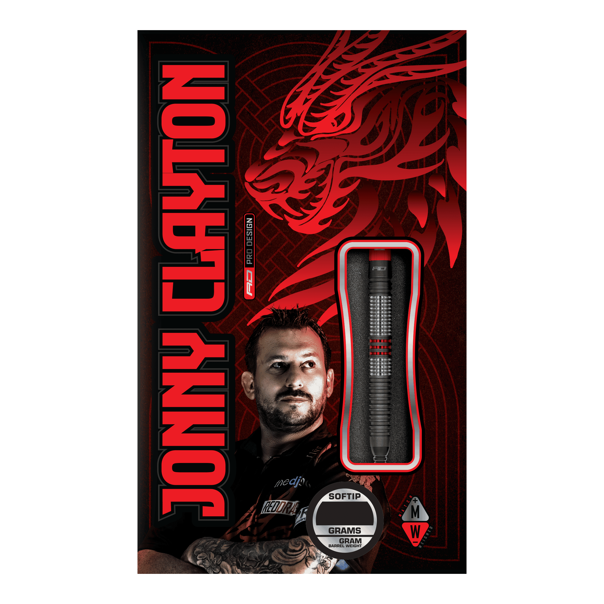 Red Dragon Jonny Clayton Hiraeth Soft Darts - 20g Die Abbildung zeigt die Verpackung der „Red Dragon Jonny Clayton Hiraeth Softdarts - 20g“. Auf der Vorderseite sind der Dart, ein Porträt von Jonny Clayton und ein roter Drachen als Design-Element zu sehen.