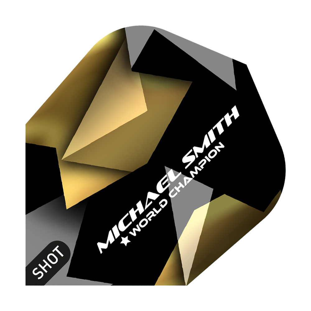 Shot Michael Smith Believe No6 Flights Das Bild zeigt ein Dart-Flight mit dem Namen "Shot Michael Smith Believe No6 Flights". Auf dem Flight sind die Worte "Michael Smith World Champion" sowie ein modernes, gold-schwarzes Design zu sehen.