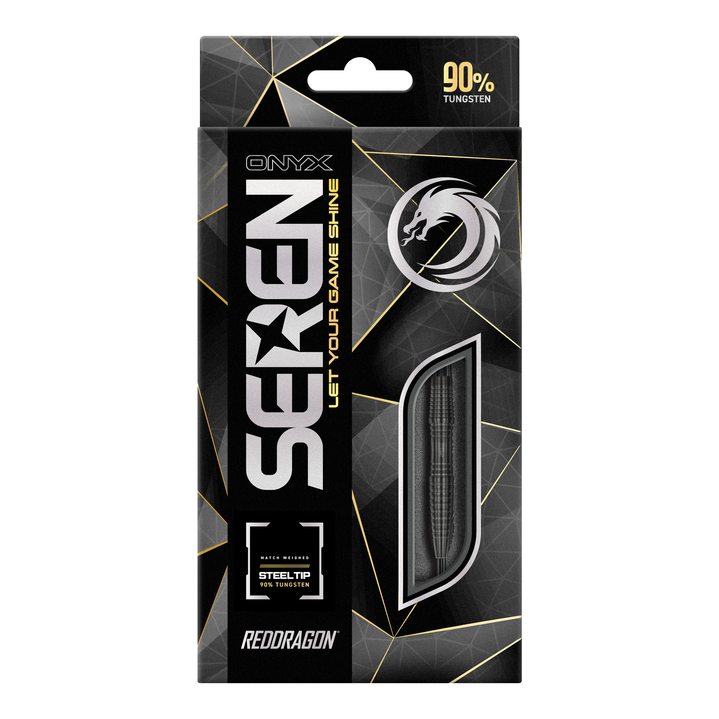 Red Dragon Seren 3 Onyx Steeldarts Die Abbildung zeigt die Verpackung der "Red Dragon Seren 3 Onyx Steeldarts". Auf der Schachtel steht, dass die Darts aus 90% Tungsten bestehen.