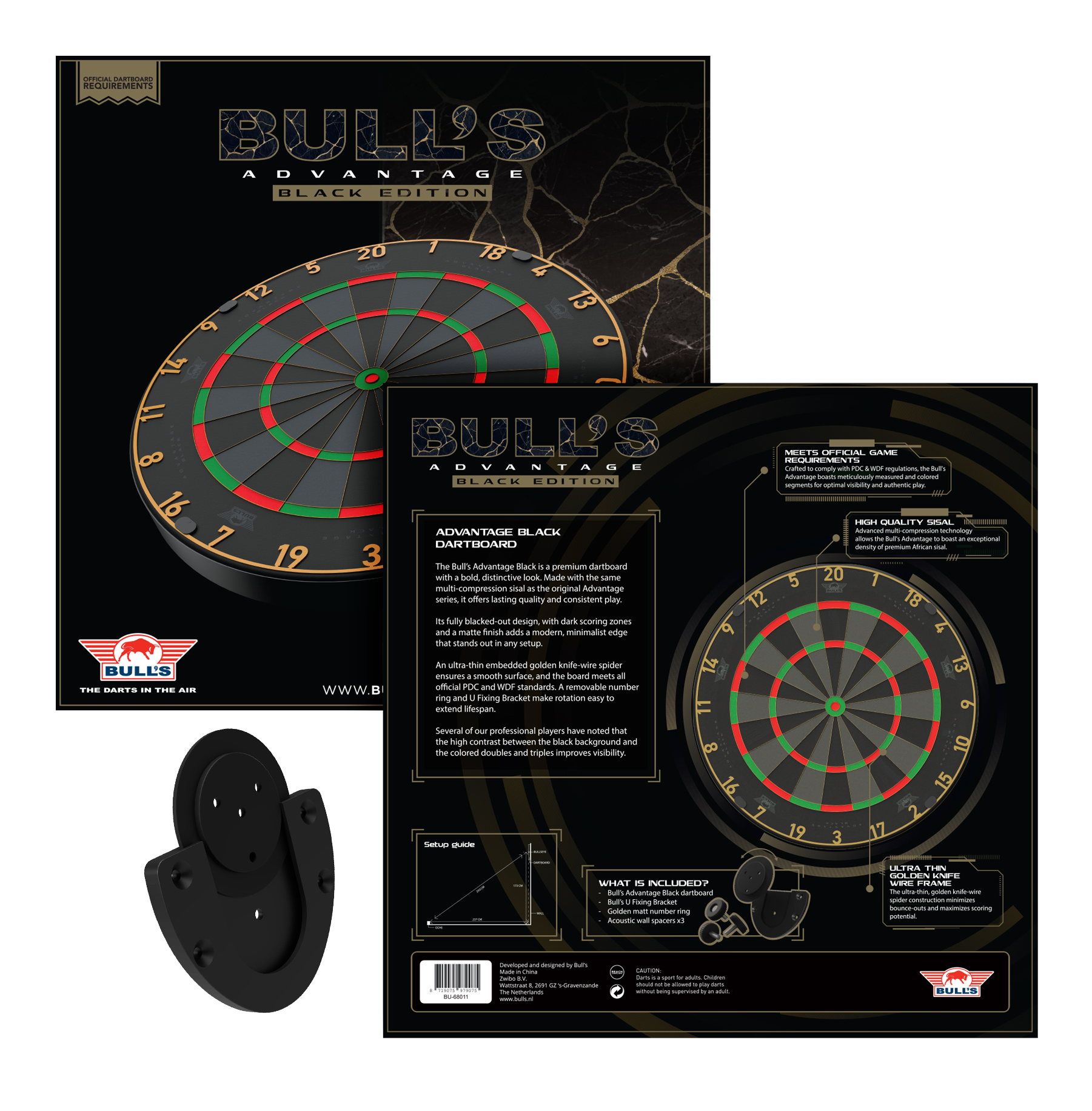 Bulls NL Advantage Black Edition steel dartboard Das Bild zeigt das Bulls NL Advantage Black-Edition Steeldartboard. Dies ist eine schwarze Dartscheibe für Steeldart-Spiele.