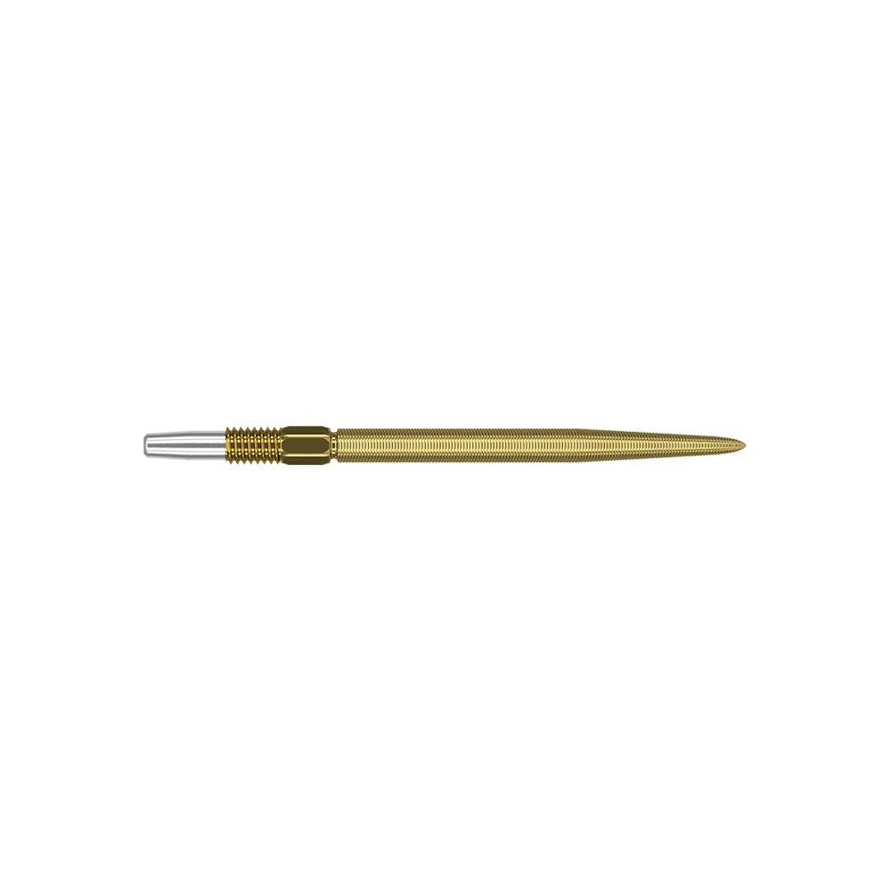 Target Swiss Point Nano Dart Tips - Gold Dies ist eine goldfarbene Dartspitze mit feiner Riffelung. Sie hat am Ende ein silbernes Verbindungsstück.