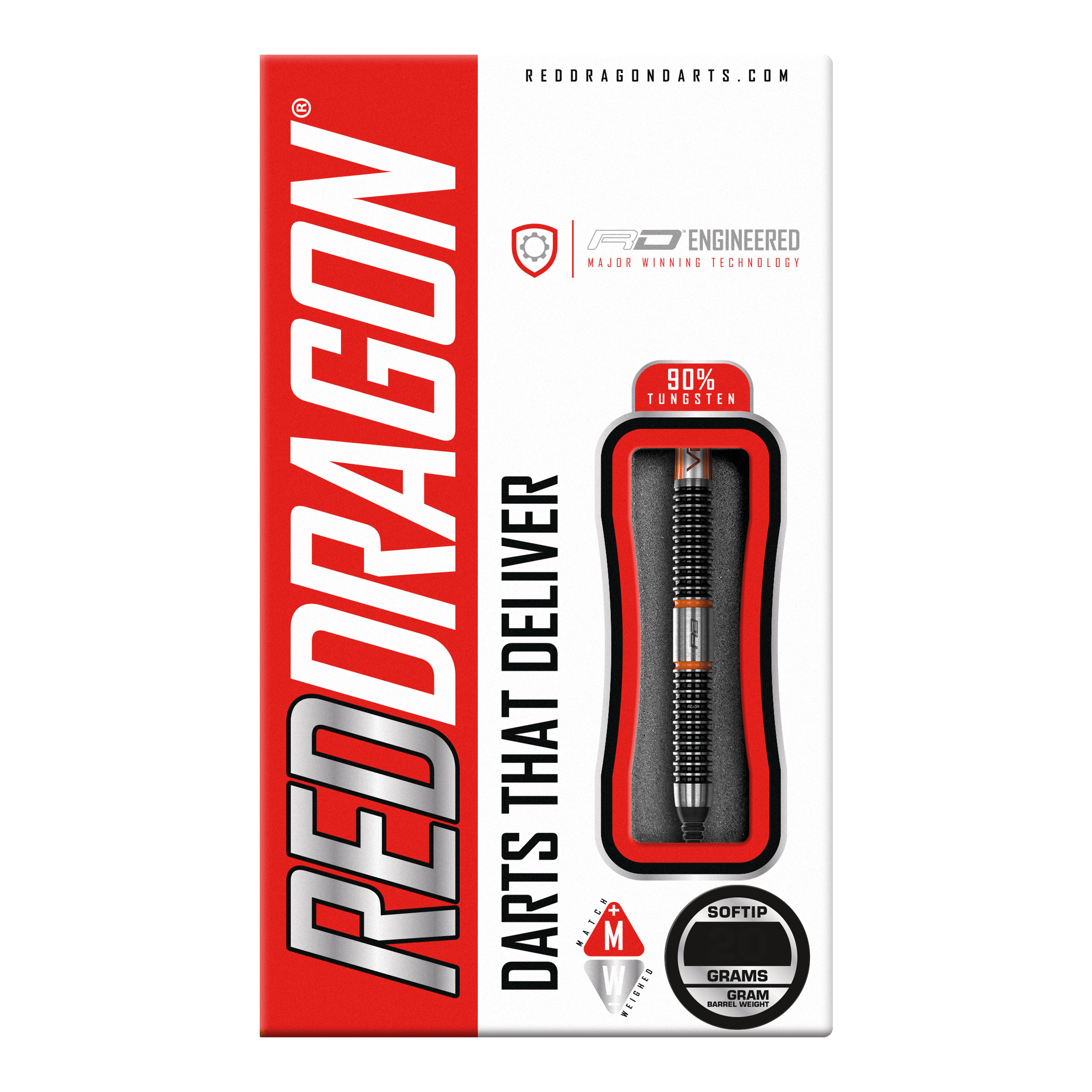 Red Dragon Amberjack 18 soft darts - 20g Auf dem Bild ist die Verpackung der "Red Dragon Amberjack 18 Softdarts - 20g" zu sehen. Die Verpackung ist überwiegend rot und weiß und zeigt einen Softdart mit 90% Tungsten.