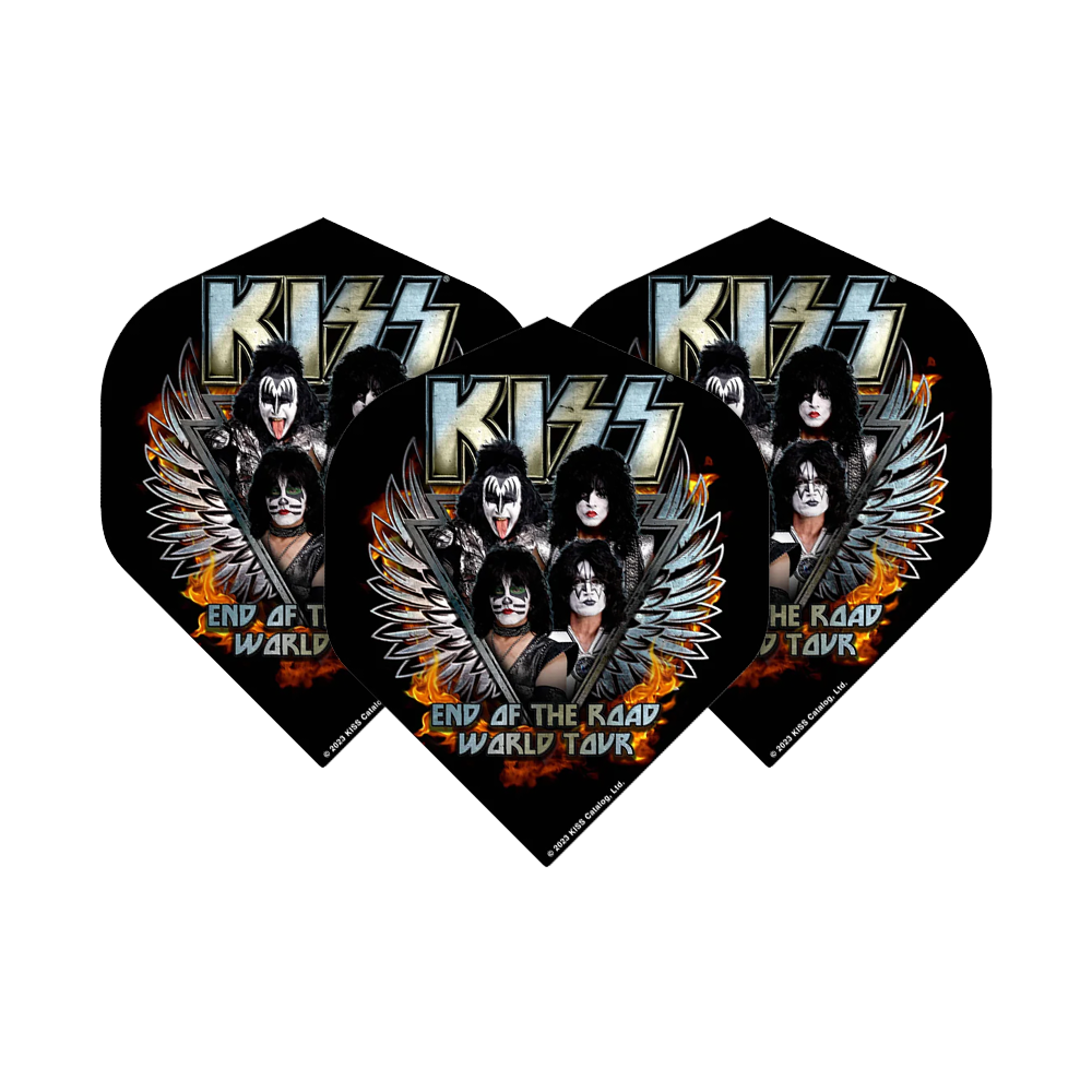 Mission Kiss End Of The Road No2 Standard Flights Das Bild zeigt drei Standard-Flights für Dartpfeile mit dem Motiv der Band KISS und dem Schriftzug "End of the Road World Tour". Auf den Flights sind die Bandmitglieder mit ihrem typischen Make-up und Flügeln abgebildet.