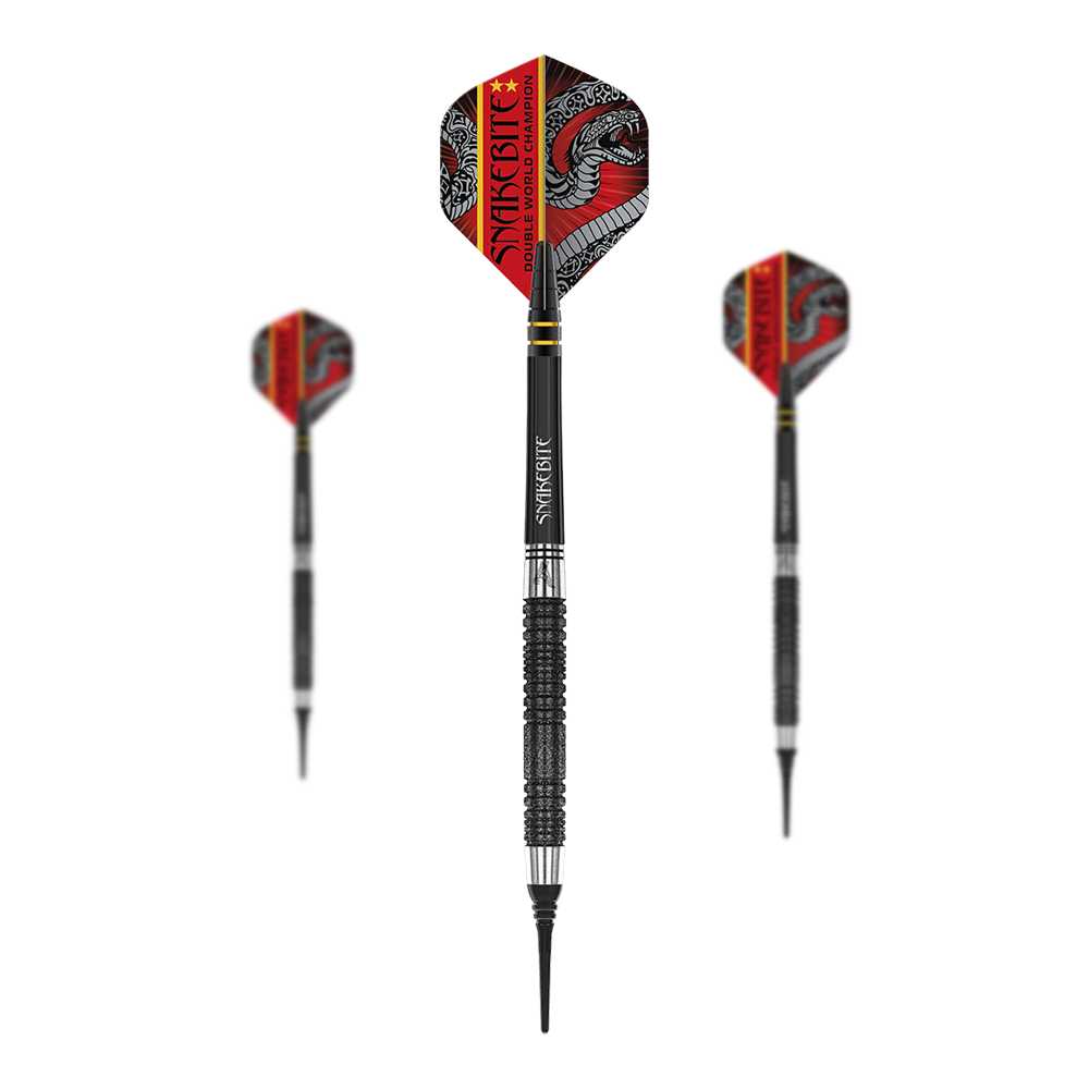 Das Bild zeigt drei schwarze Softdarts mit dem Namen "Red Dragon Peter Wright Double World Champion SE Black - 20g". Die Flights sind rot-schwarz gestaltet und tragen den Schriftzug "Snakebite Double World Champion".