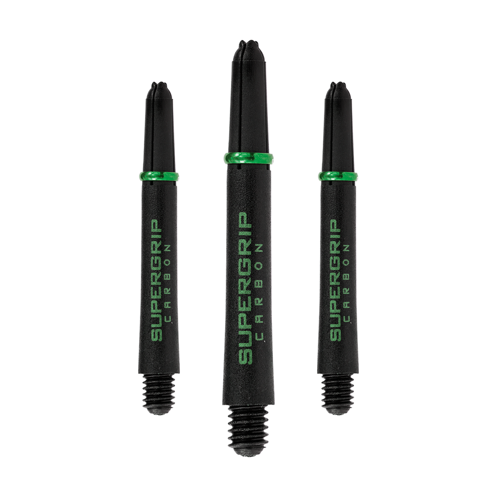 HR361_Harrows_Supergrip_Carbon_Shafts_Gr-n_40mm_1IIOSq6HkOpIu5 Das Bild zeigt drei schwarze Harrows Supergrip Carbon Shafts mit grünen Akzenten. Sie sind in unterschiedlichen Längen angeordnet und für Dartpfeile gedacht.
