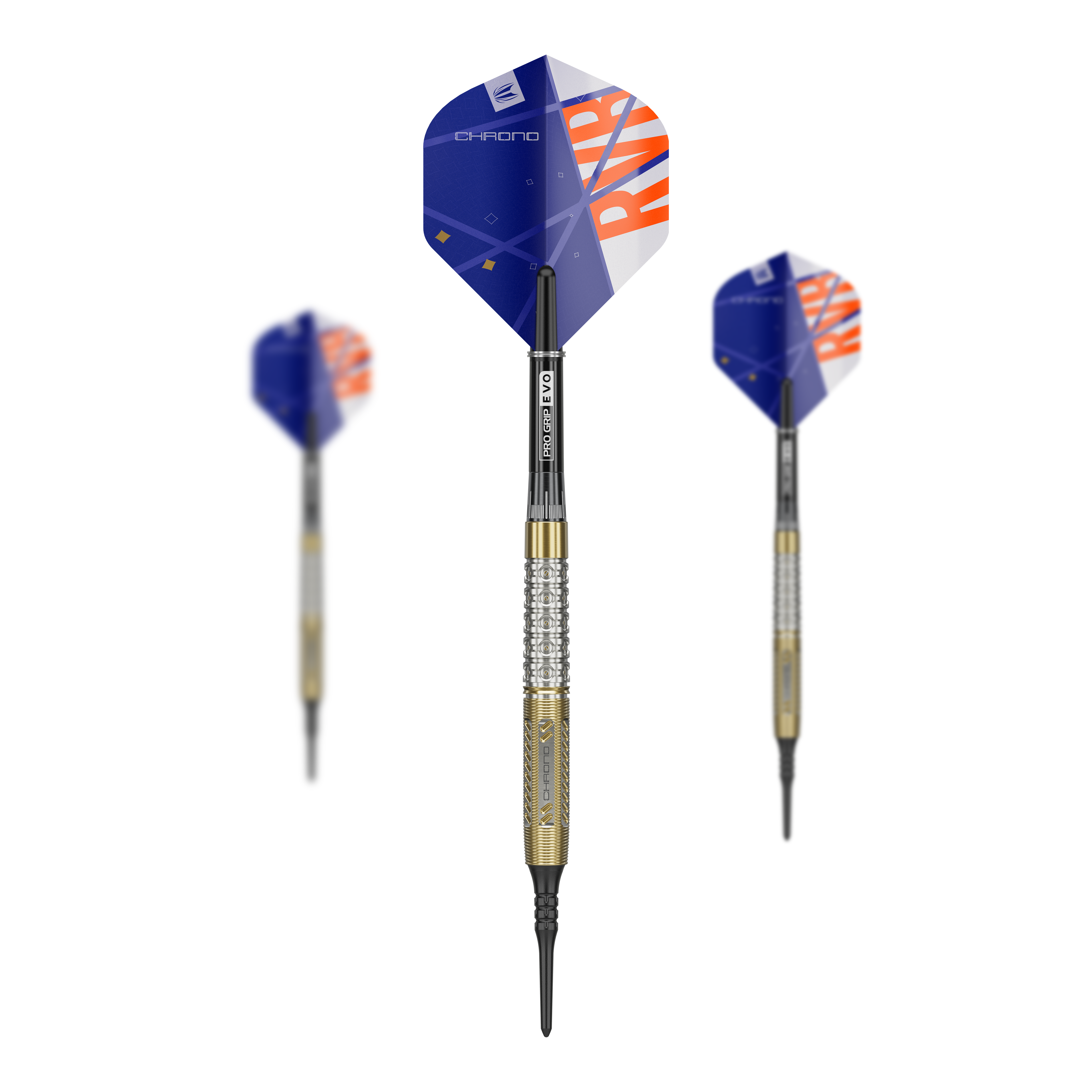 Target Raymond Van Barneveld Chrono 95 soft darts Das Bild zeigt drei Softdarts des Modells "Target Raymond Van Barneveld Chrono 95". Die Darts haben blaue Flights mit orange-weißer Beschriftung und einen silber-goldenen Schaft.