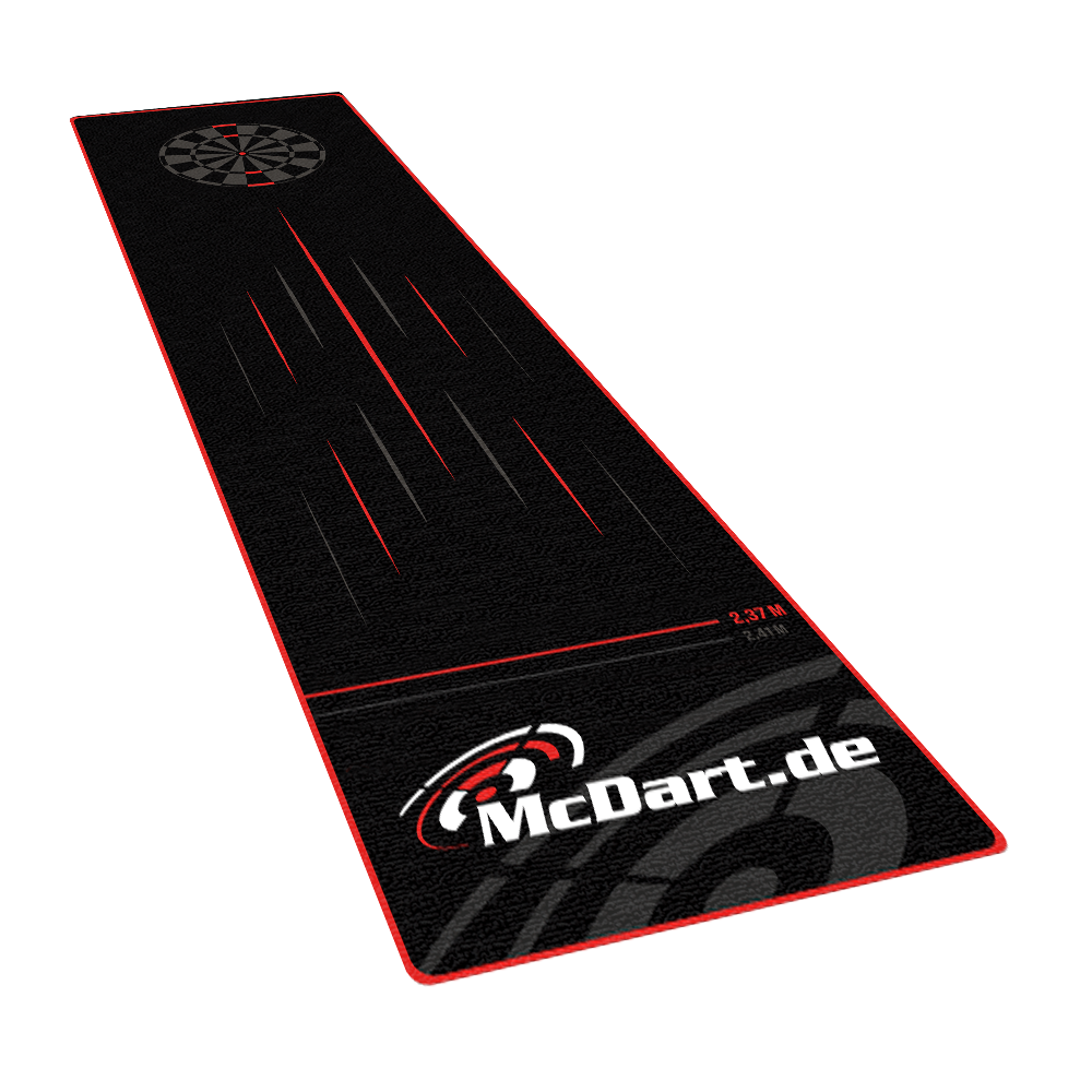 McDart Tops Dartteppich Auf dem Bild ist der McDart Tops Dartteppich zu sehen. Der Teppich ist schwarz mit roten Akzenten und hat ein großes McDart.de-Logo sowie Markierungen für die Abwurflinie.
