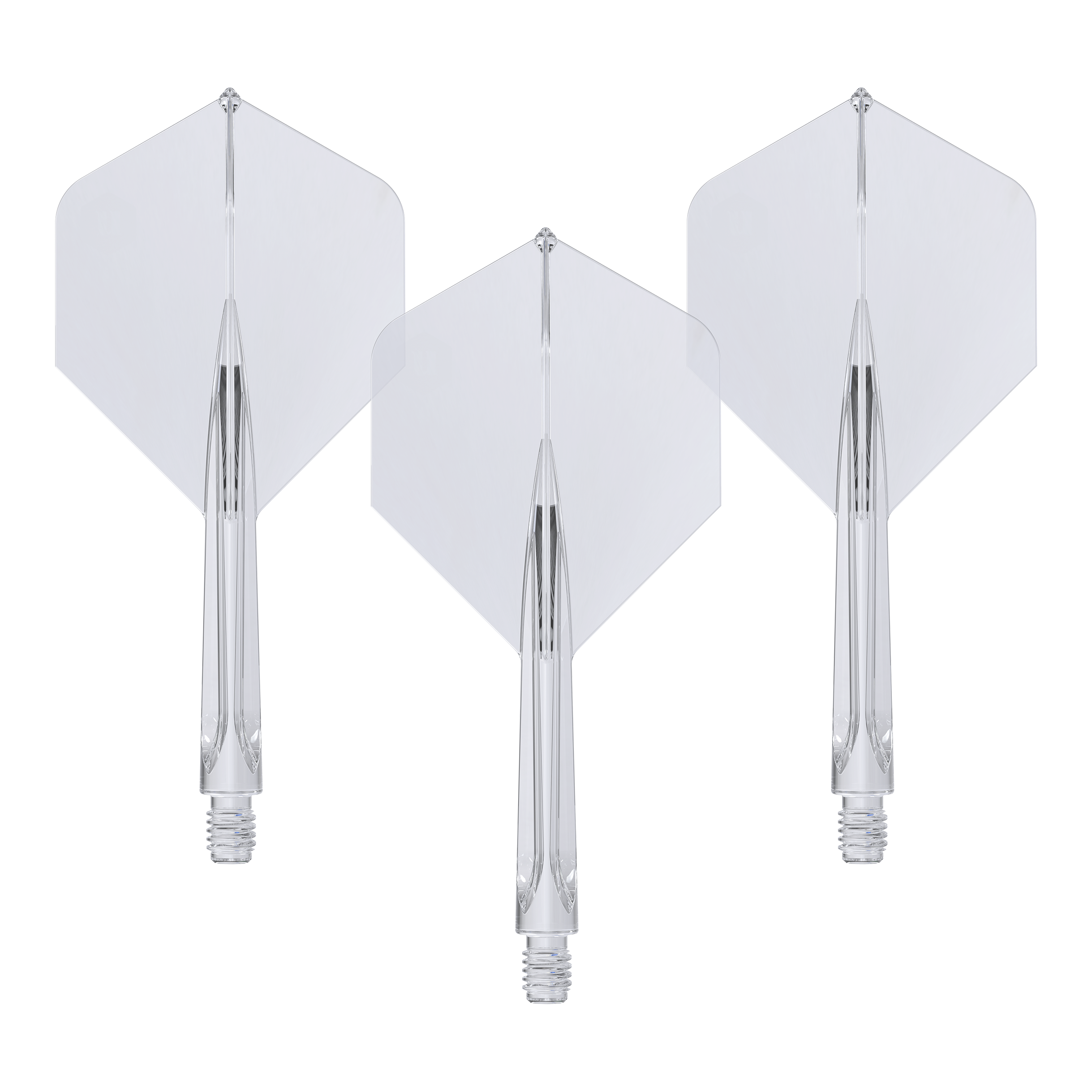 Das Bild zeigt drei klare, mittellange Unicorn Forge All In One Plus No2 Standard Flights. Sie sind durchsichtig und haben eine integrierte Flight- und Schaft-Konstruktion.