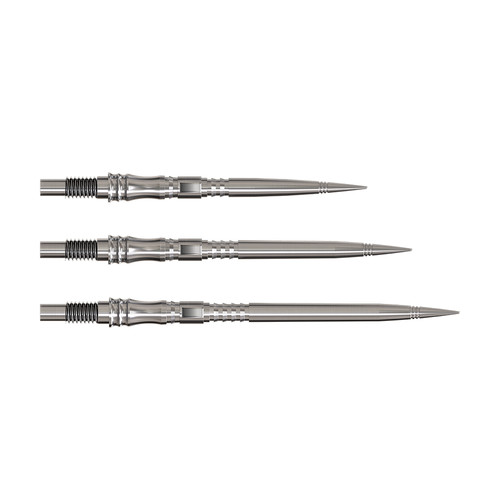 Dartspitzen der Serie Apex Axis Silver Elite sind abgebildet. Sie sind silberfarben und filigran gearbeitet.