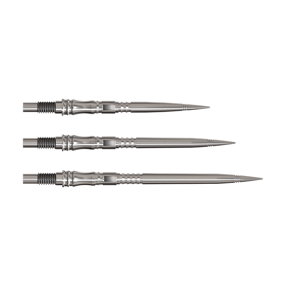 Harrows Quick Point Apex Axis Elite Series Dartspitzen - Silber Dartspitzen der Serie Apex Axis Silver Elite sind abgebildet. Sie sind silberfarben und filigran gearbeitet.