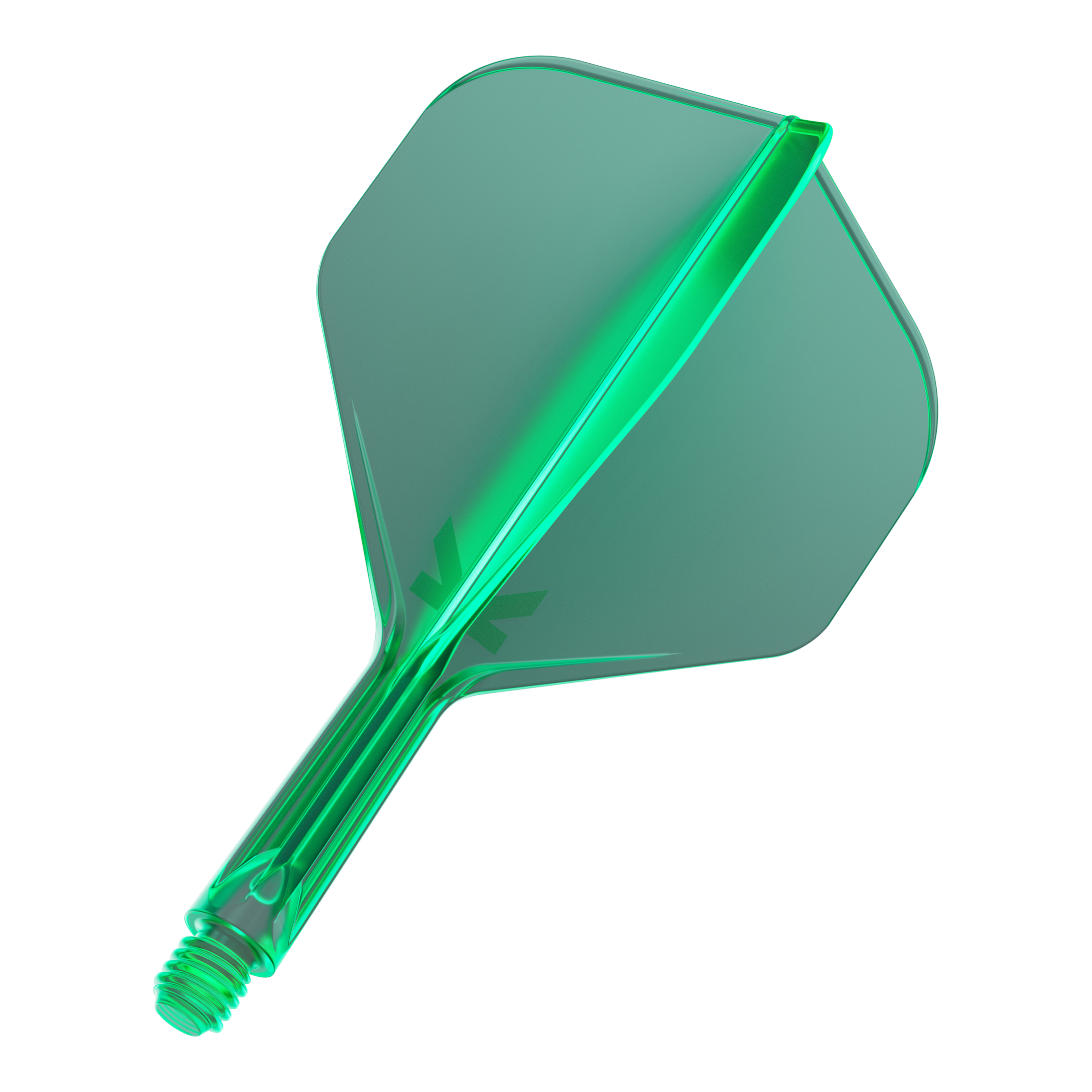 Target K-Flex No2 Standard Flight System - Green Das Bild zeigt ein grünes Dartflight mit integriertem Schaft. Es hat eine standardmäßige, leicht transparente Form.