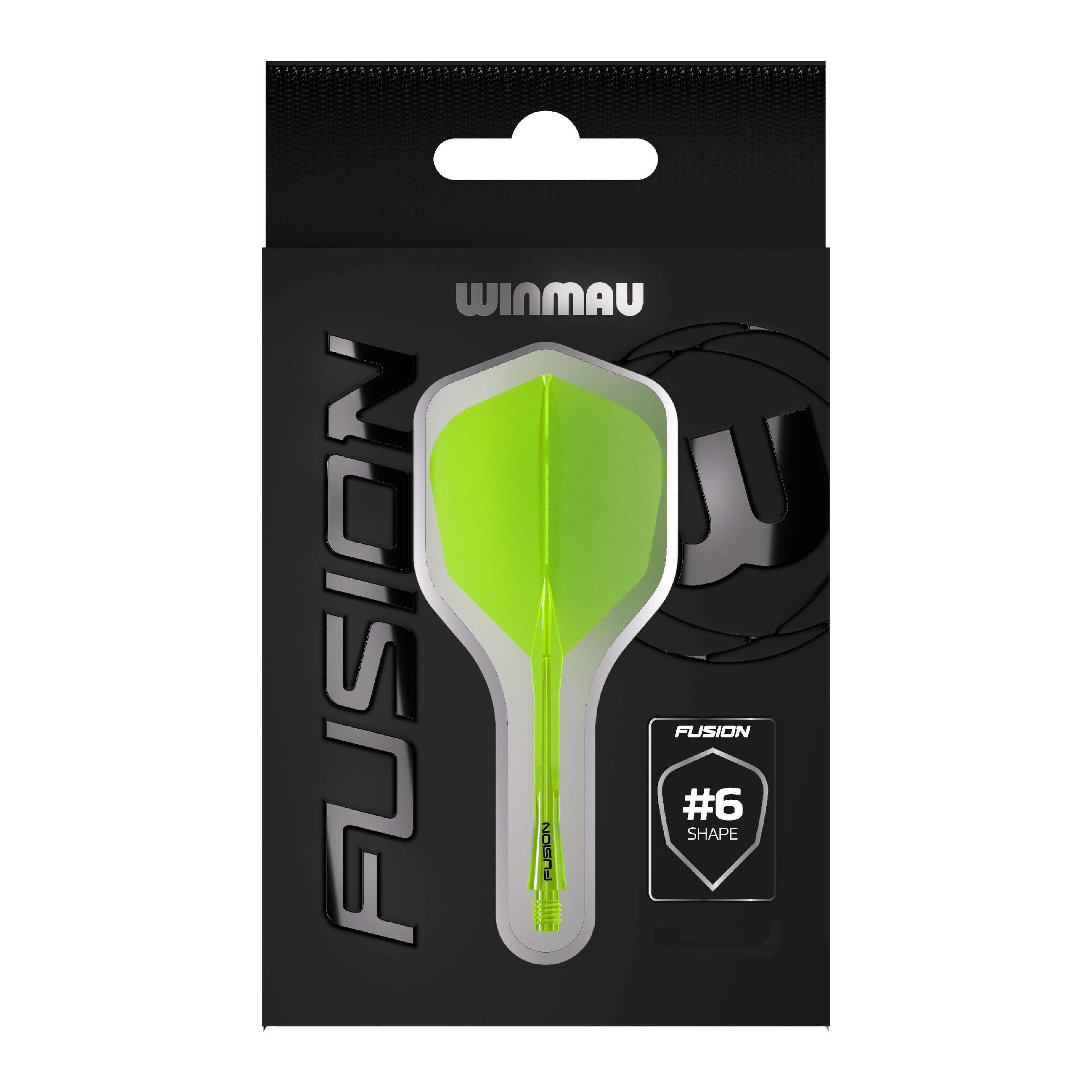 Winmau Fusion Flight Shaft System No6 Neon Yellow Auf dem Bild ist eine Packung Winmau Fusion Flight Shaft System in Neon-Gelb zu sehen. In der Mitte der Verpackung befindet sich ein Flightsystem in Form #6.