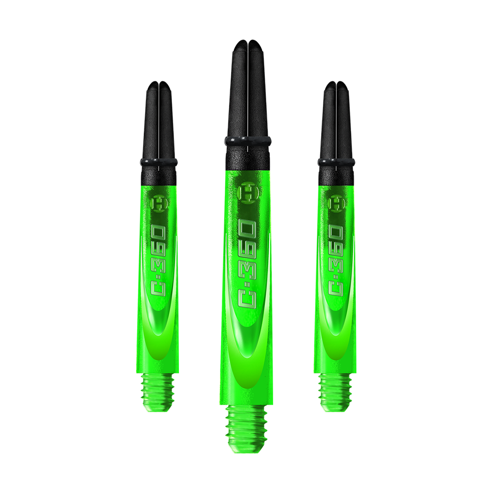 HR453_Harrows_Carbon_360_Shafts_Gr-n_42mm_1mMoZNLmG86rII Das Bild zeigt drei grüne Dartschäfte mit schwarzem Kopf. Auf den Schäften steht die Aufschrift "C:360".