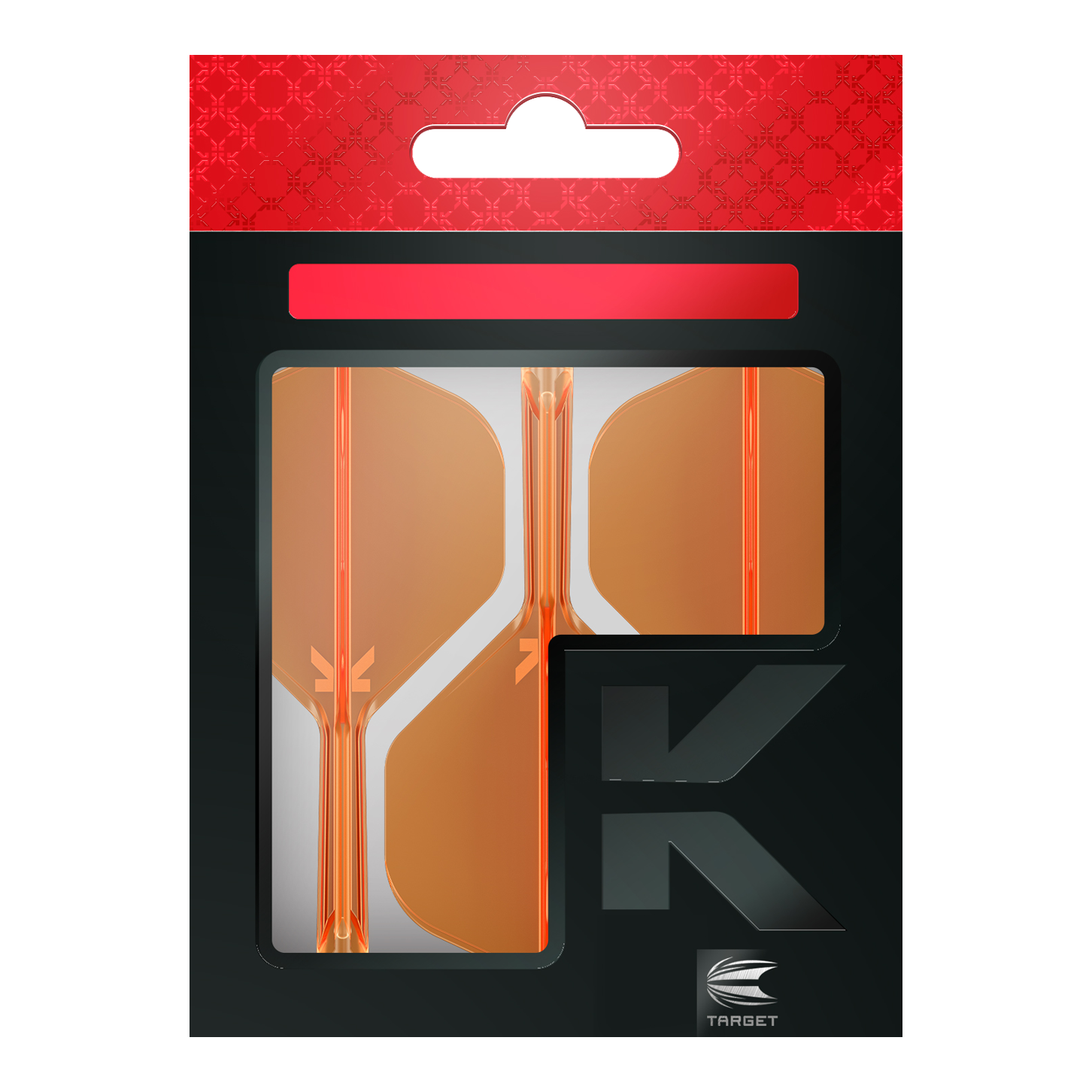 Target K-Flex No2 Standard Flight System - Neon Orange Die Abbildung zeigt eine Packung mit orangenen Dart-Flights der Marke Target. Die Verpackung ist überwiegend schwarz mit einem roten oberen Abschnitt.