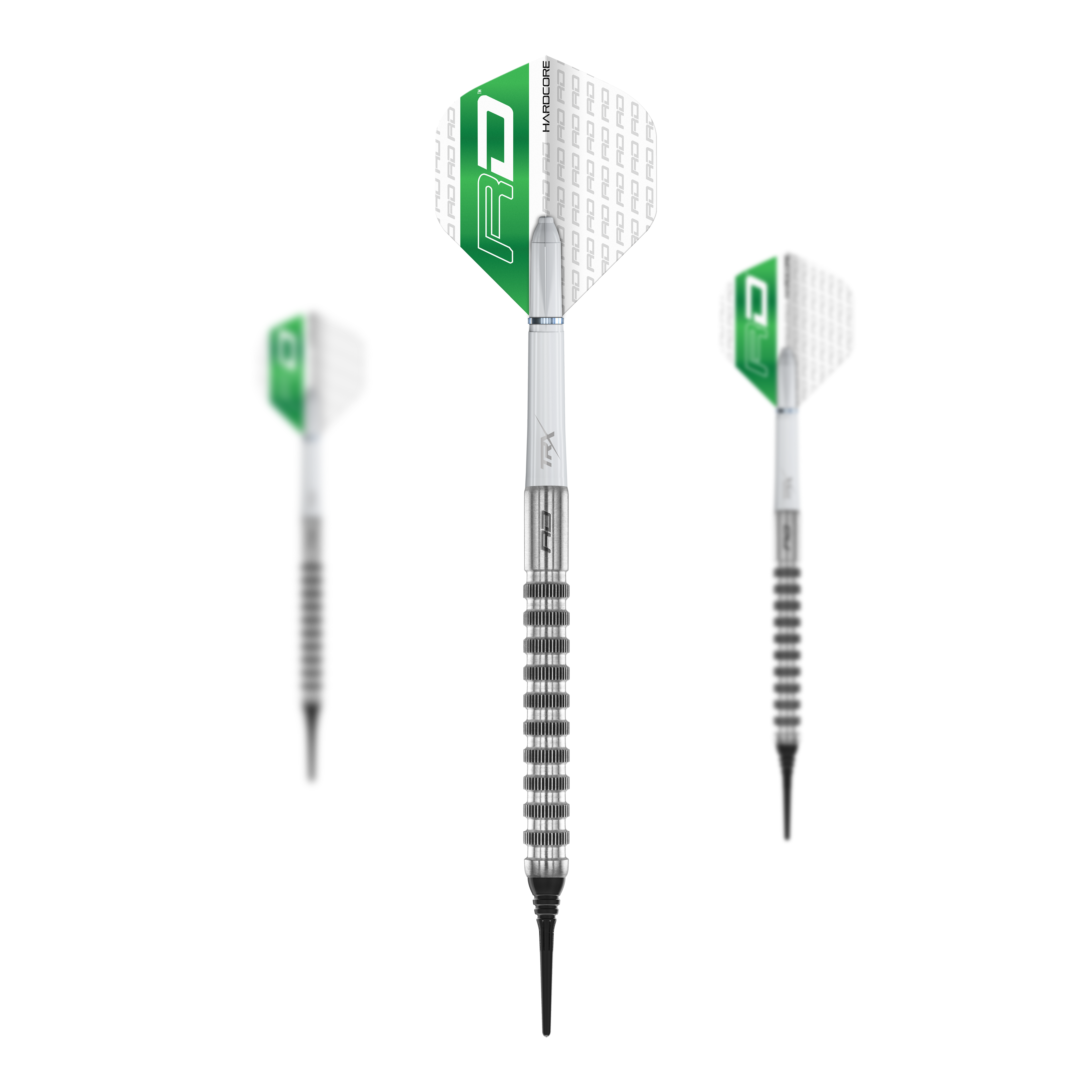 Red Dragon Javelin Speedline Soft Darts - 20g Das Bild zeigt drei Softdarts des Modells „Red Dragon Javelin Speedline - 20g“. Die Darts haben grün-weiße Flights und silberne, geriffelte Barrels.