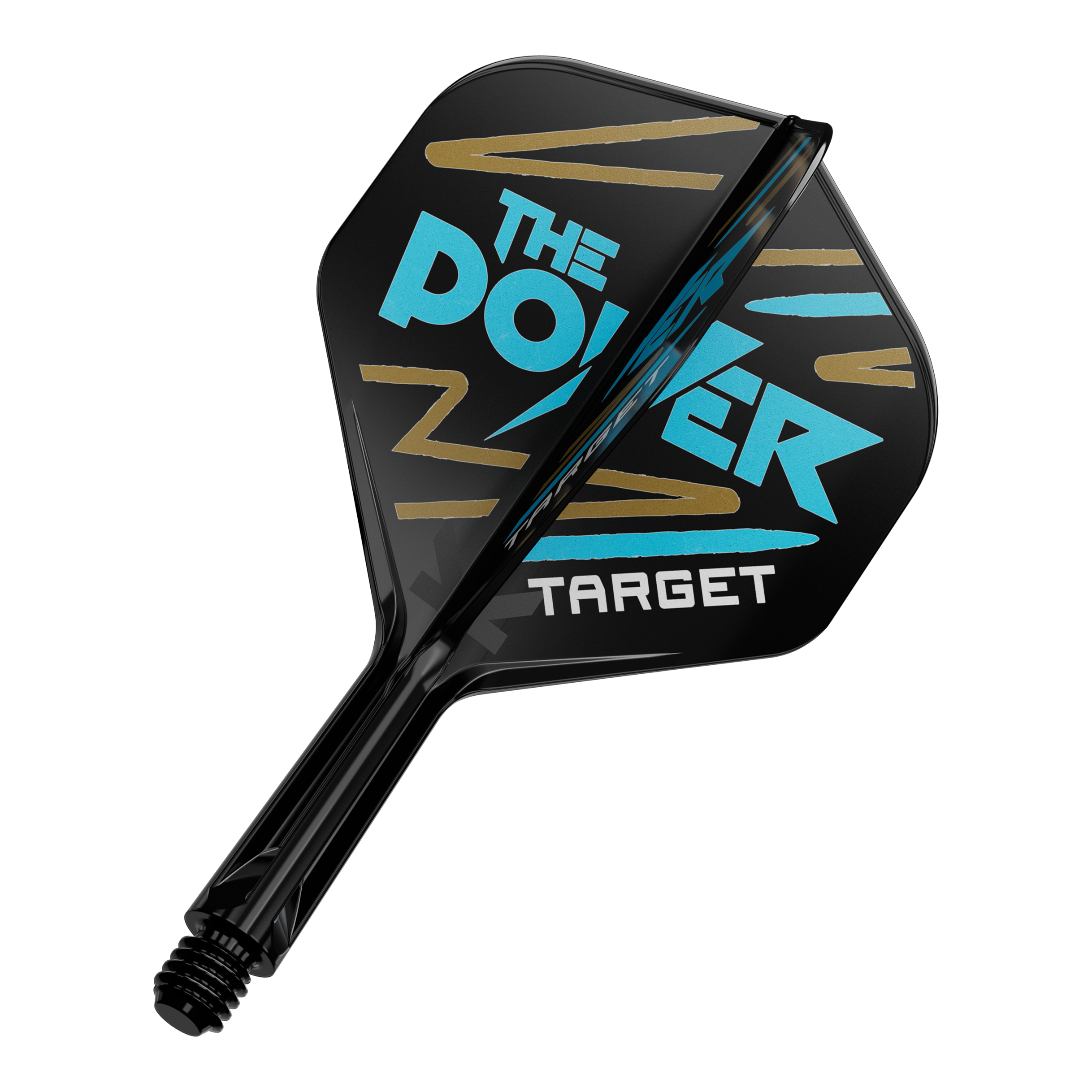 Das Bild zeigt einen schwarzen Dartflight mit der Aufschrift "THE POWER" in blauer Farbe. Darunter steht das Wort "TARGET" in weißer Schrift.