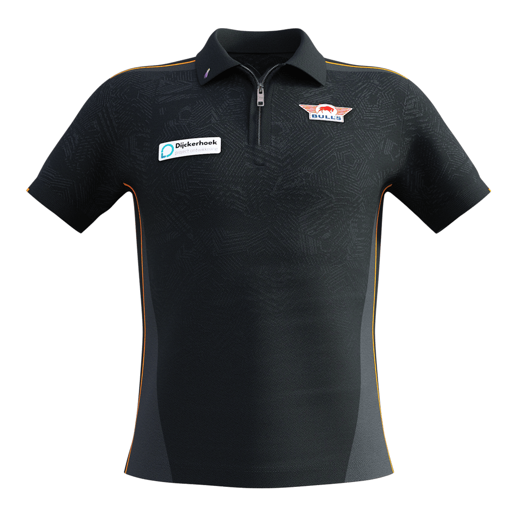 Bulls NL Dirk Van Duijvenbode match shirt 2025 Das Bild zeigt ein schwarzes Matchshirt mit kurzen Ärmeln und orangefarbenen Akzenten. Auf der Brust sind das Bulls NL Logo und ein Sponsorenaufnäher zu sehen.