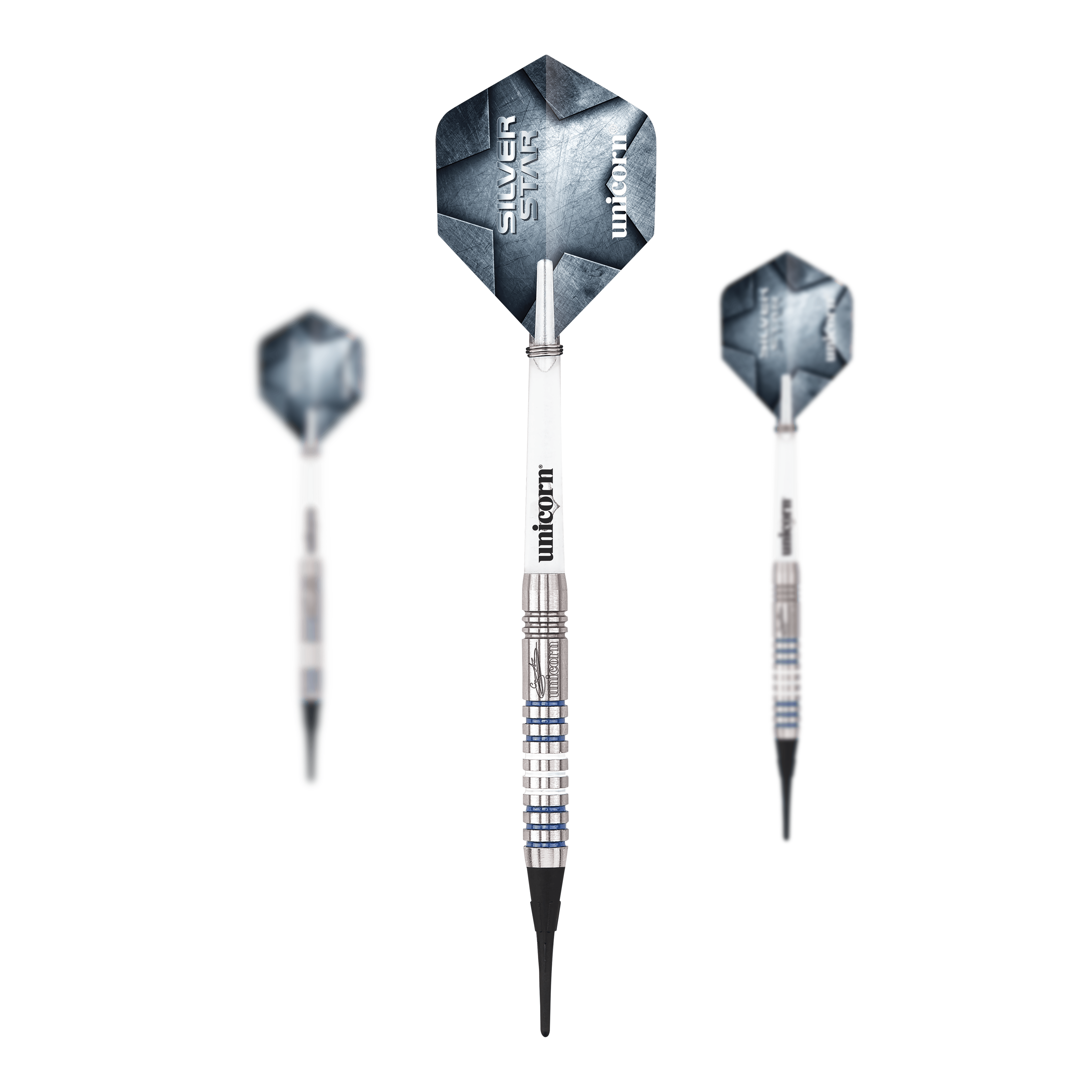 Das Produkt Unicorn Silver Star Var.3 Gary Anderson Softdarts ist als Set abgebildet. Man sieht die Dartpfeile in einer Verpackung angeordnet.