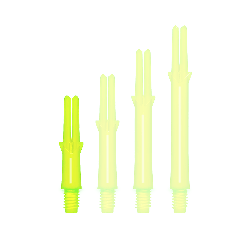 L-L-Style-Shafts Locked Straight - Neon Yellow Auf dem Bild sind vier neon-gelbe Dart-Schäfte in verschiedenen Längen zu sehen. Sie haben ein gerades Design und ein Schraubgewinde am unteren Ende.