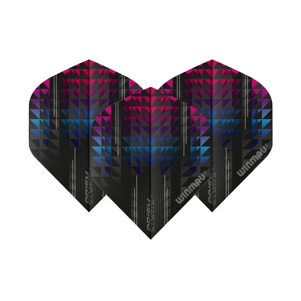 6915-115_Winmua_Prism_Alpha_6915-115_Standard_Flights_1K3smV0njOUW0W Das Bild zeigt drei Winmau Prism Alpha 6915.115 Standard Flights für Dartpfeile. Die Flights haben ein modernes Design mit schwarzen, blauen und pinken geometrischen Mustern.