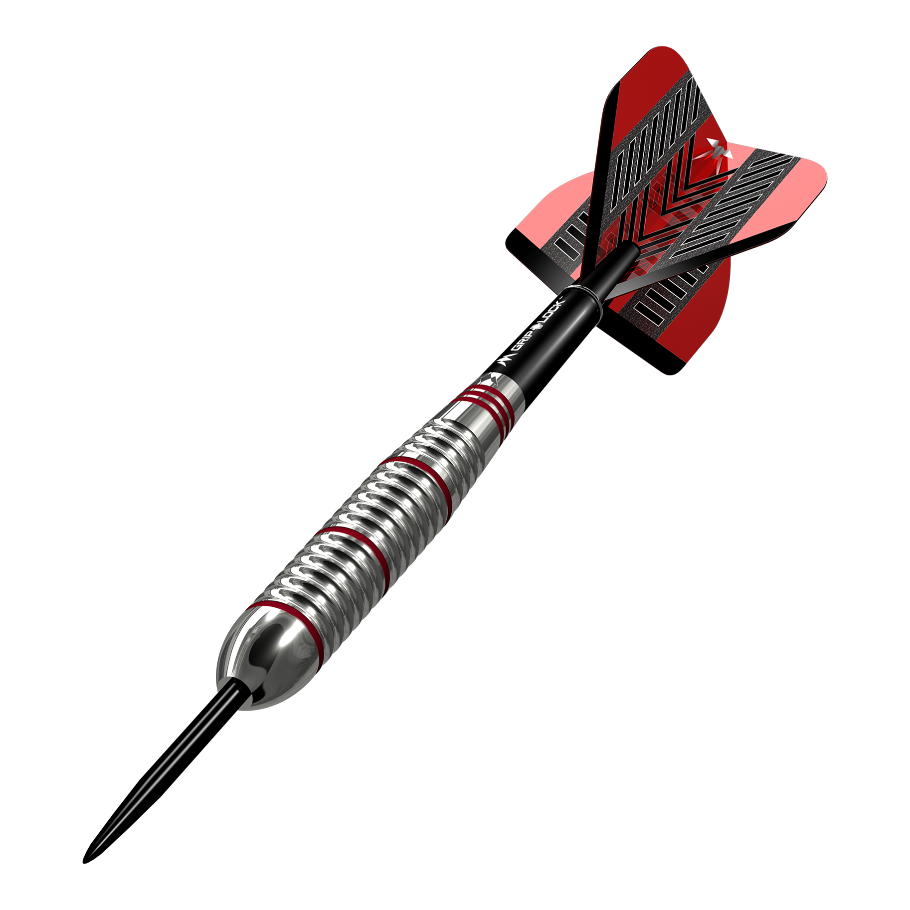 Mission Rogue Brass Steel Darts - 22g Das Bild zeigt einen Mission Rogue Brass Steeldart mit einem Gewicht von 22g. Der Dartpfeil hat ein silbernes Griffstück mit roten Akzenten und rote Flights.