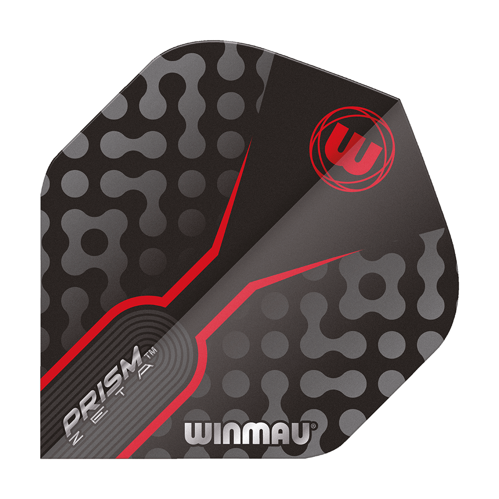 6915-306_Winmau_Prism_Zeta_GreyRed_Standard_Flights_1 Das Bild zeigt das Produkt "Winmau Prism Zeta GreyRed Standard Flights". Das Flight ist in den Farben Grau, Rot und Schwarz mit modernen Mustern gestaltet.